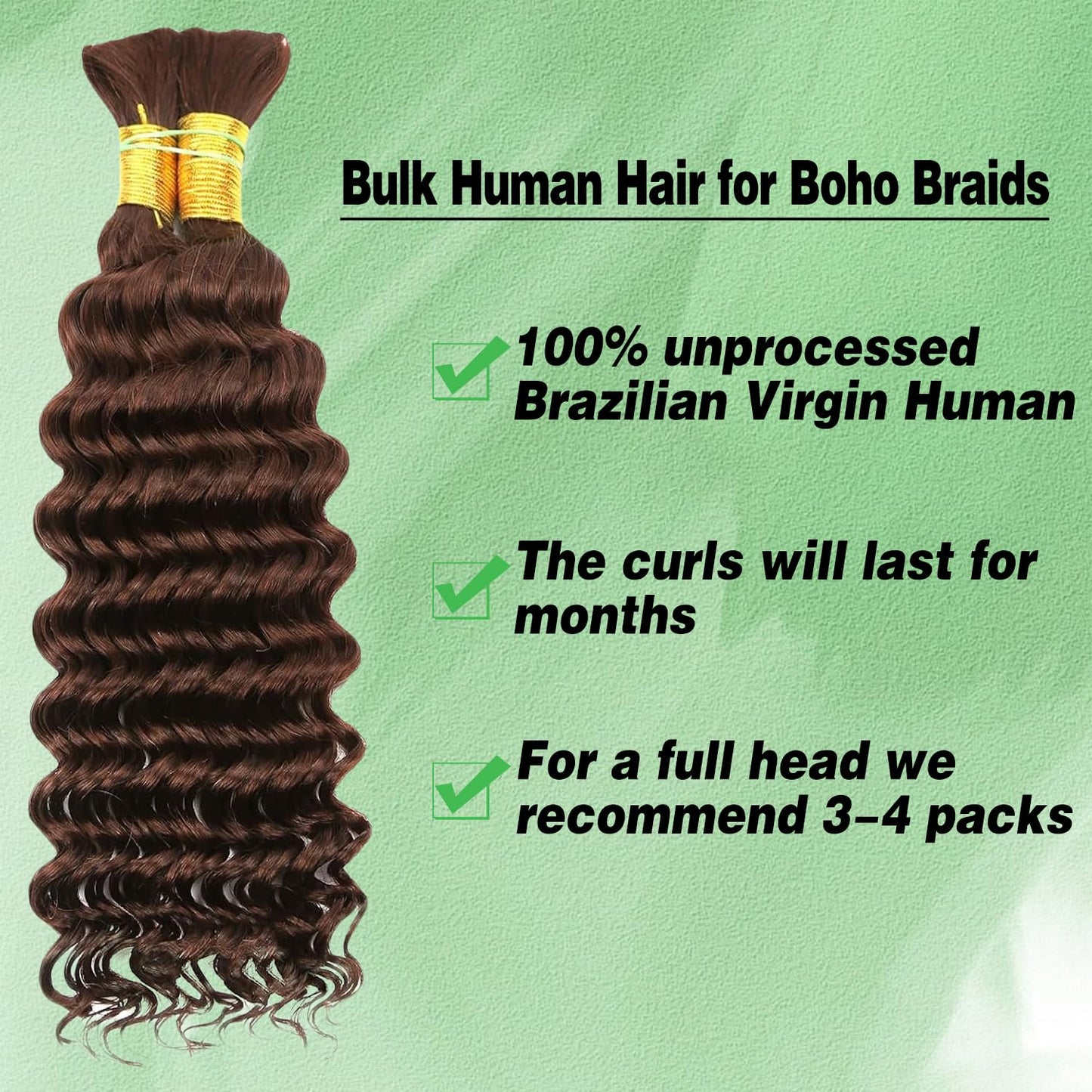 Human Braiding Hair for Boho Braids Human Hair 100g 20 Inch Curly Boho Hair for Braiding Knotless 12A Deep Wave Bohemian 2 Bundles/Pack Chocolate Brown