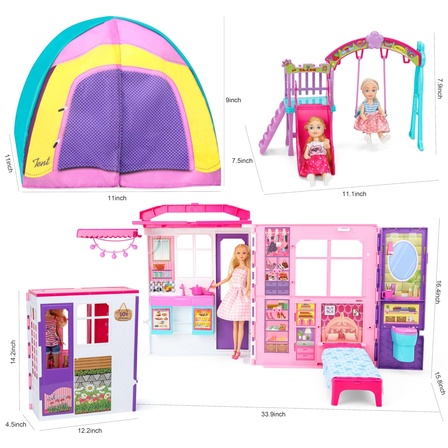 Style Shine Doll House Portable & Foldable Dollhouse w/ 60+ Pcs & 2 Dolls, Play House Toy with Bedroom Kitchen Furniture Camping Playset, Playhouse Birthday Gift for Girl Kid Toddler