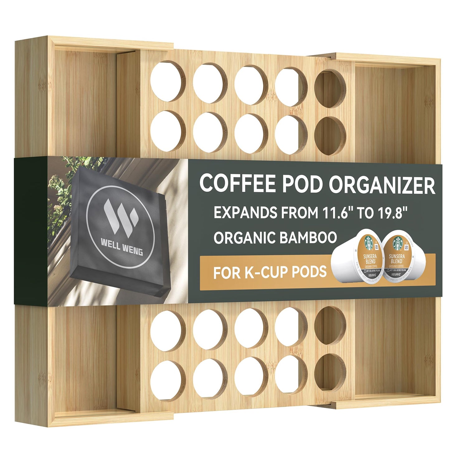 WELL WENG Larger Expandable Bamboo Coffee Pod Holder for Counter Drawer Display, 35 Pod Capacity, K-Cup Pods - Tea Bags Storage Organizer Holder (Bamboo)