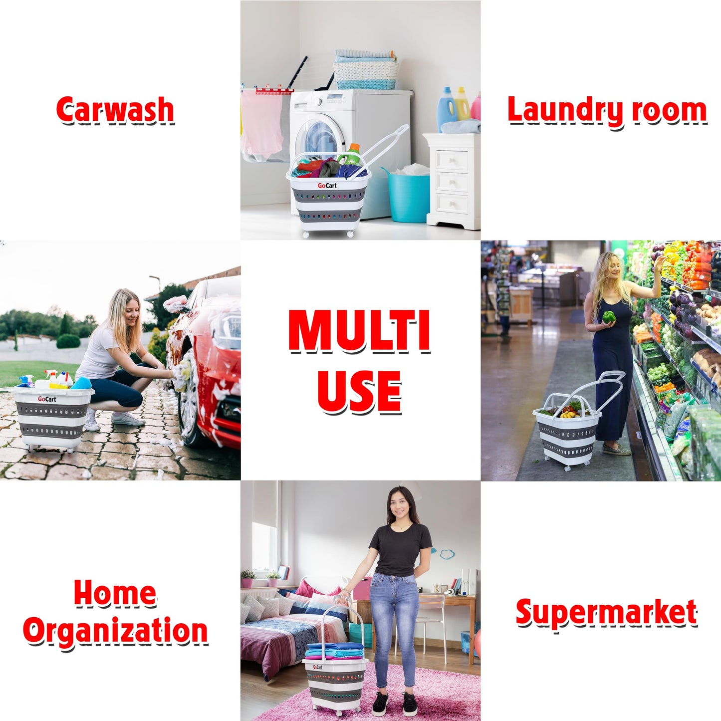 dbest products Folding Gocart Laundry Basket with Wheels, Multi Use Collapsible Grocery Shopping Cart, White