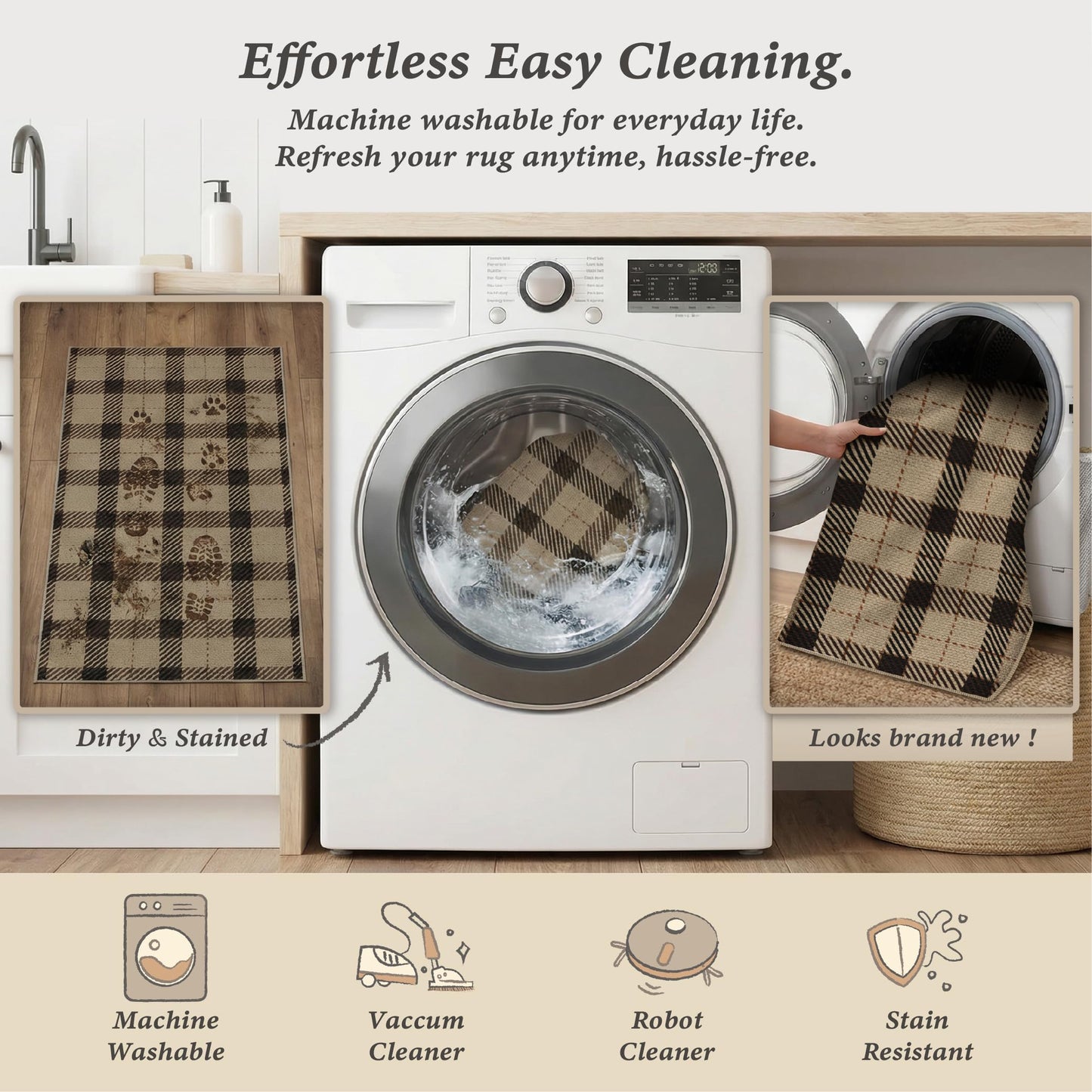 Washable Plaid Indoor Outdoor Rug 3x5 for Front Porch, Entryway, Patio, No Shed Easy Jute Non Slip TPR Backing Area Rug for Large Kitchen, Farmhouse Black & Tan Checkered Seagrass Aesthetic