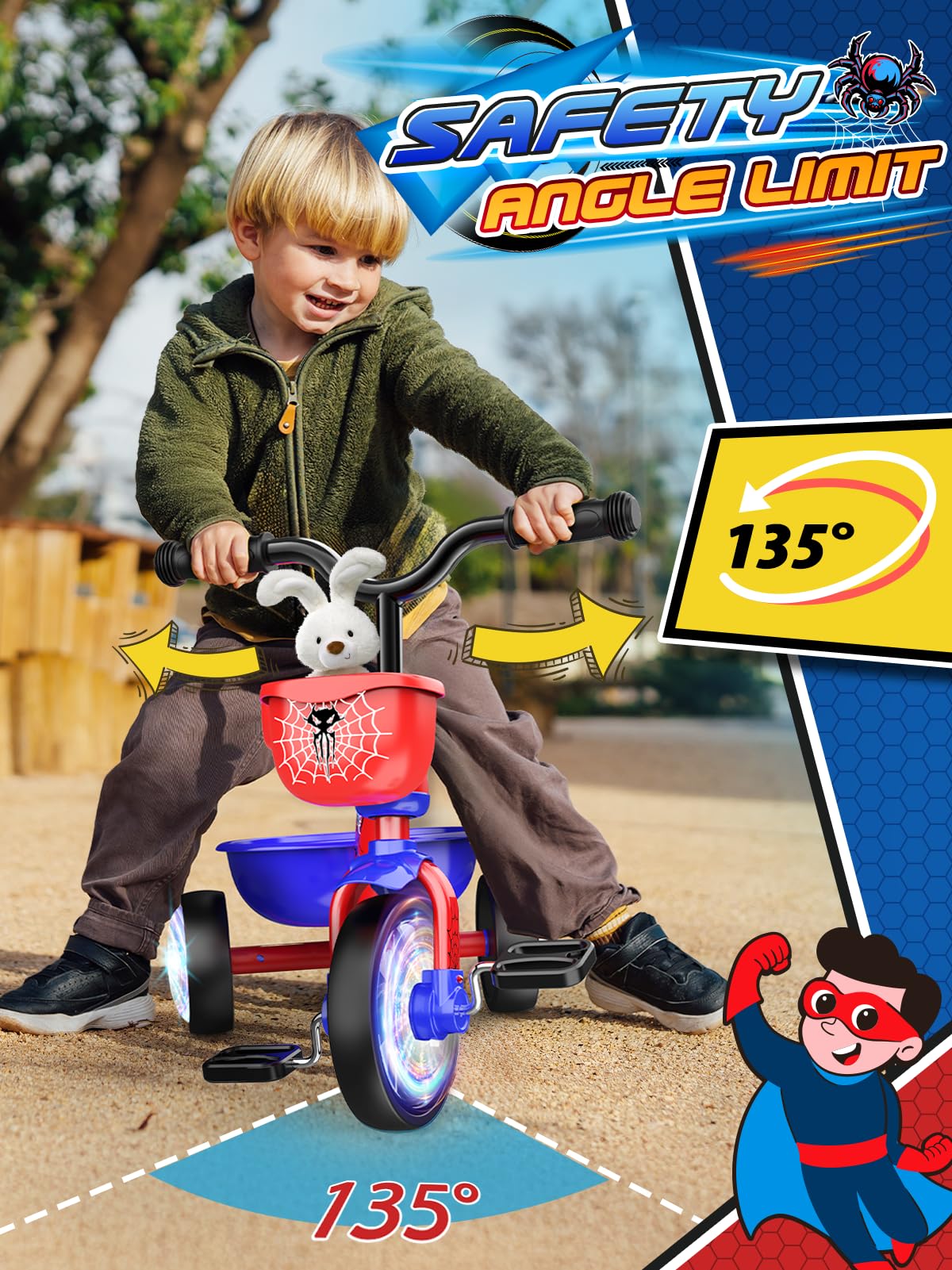 Tricycle Spider Bike Baby Balance with Colorful Lighting Wheels & Large Basket