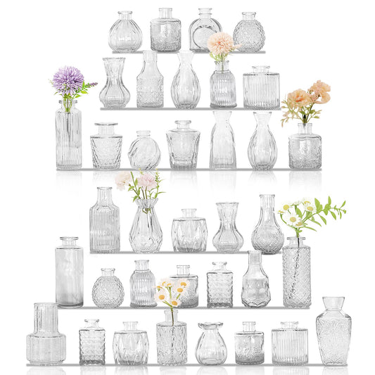 36Pcs Bud Vases Set Small Vintage Glass Bottles Clear Bud Vases in Bulk Multiple Shape Cute Glass Vases for Rustic Wedding Centerpieces Table Decorations and Home Decor(Clear)