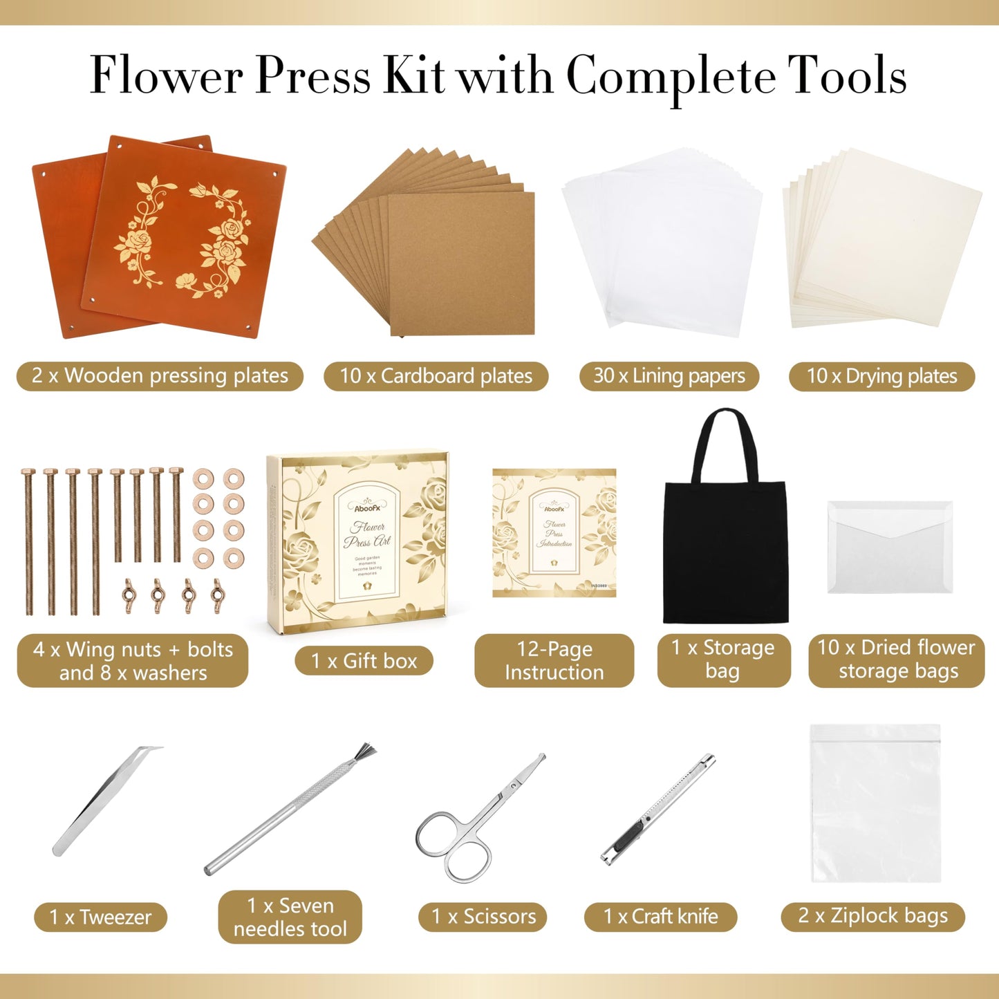 Aboofx Extra Large Wooden Flower Press Kit with Carrying Bag, 10 Layers 10" x 10" Flower Pressing Kit DIY Arts and Craft Kit for Adults, DIY Pressed Flower Plant Preservation Kit Gift