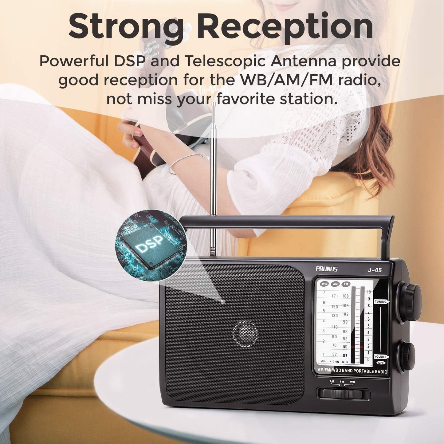 NOAA Weather AM FM Portable Radio with Best Reception, Transistor Radio, Battery Operated Radios by 3X D Cell Batteries or AC Power for Household & Outdoor, Plug in Wall by PRUNUS