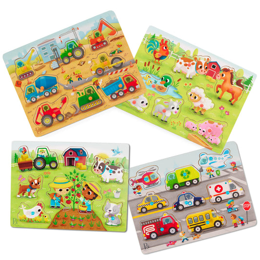 B. toys – Peek & Explore Puzzle 4 – Pack – Wood Toys for Toddlers, Kids – 8 Pieces Each – Vehicles, Trucks, Animals, Barnyard – 2+ Years