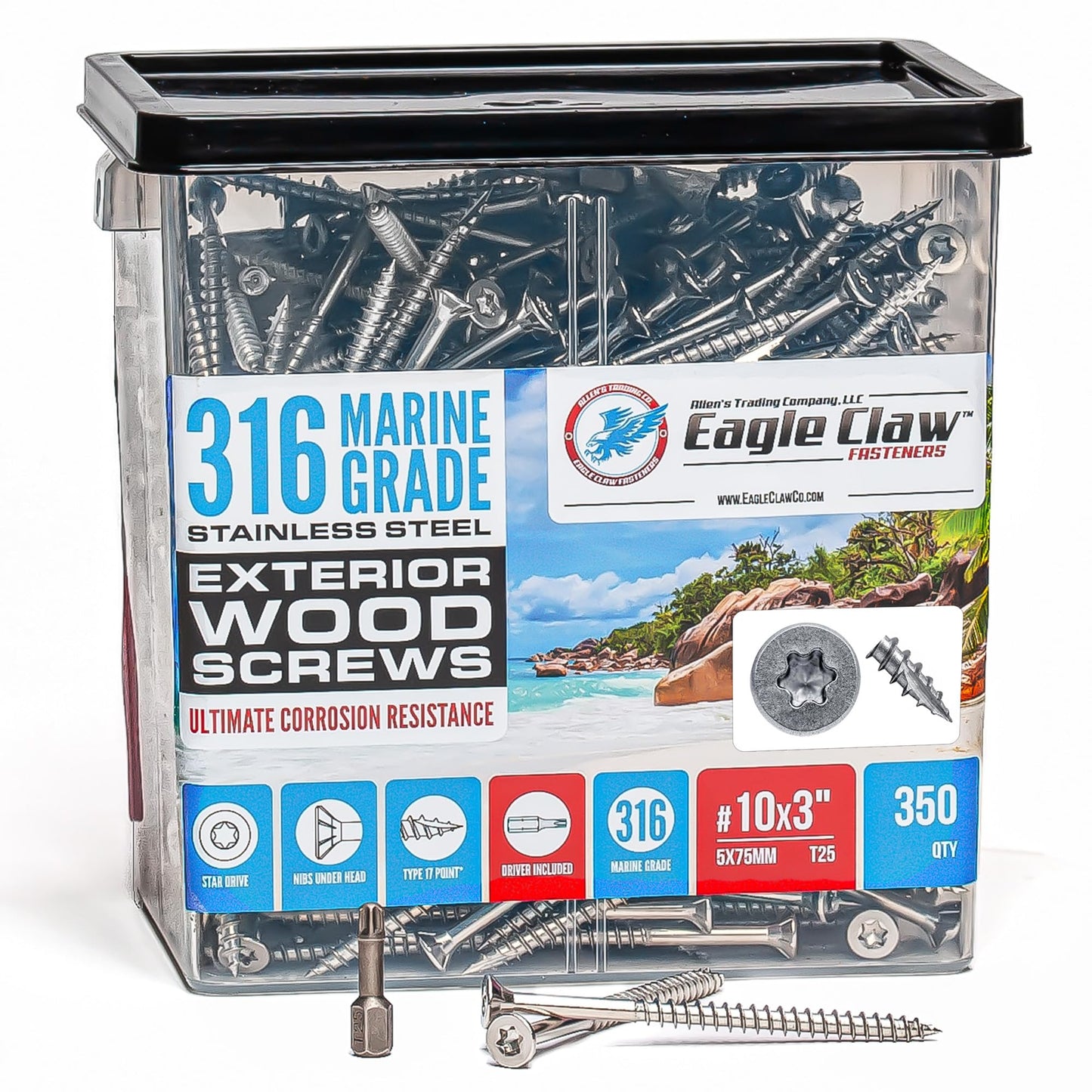 #10 x 3 Inch 316 Marine Grade Stainless Steel Wood Screws 350 Pack T25 Star Drive Type 17 Point for Docks, Decks, Jetties, Fences or Any Coastal Marine Construction by Eagle Claw Fasteners