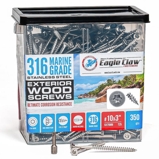 #10 x 3 Inch 316 Marine Grade Stainless Steel Wood Screws 350 Pack T25 Star Drive Type 17 Point for Docks, Decks, Jetties, Fences or Any Coastal Marine Construction by Eagle Claw Fasteners