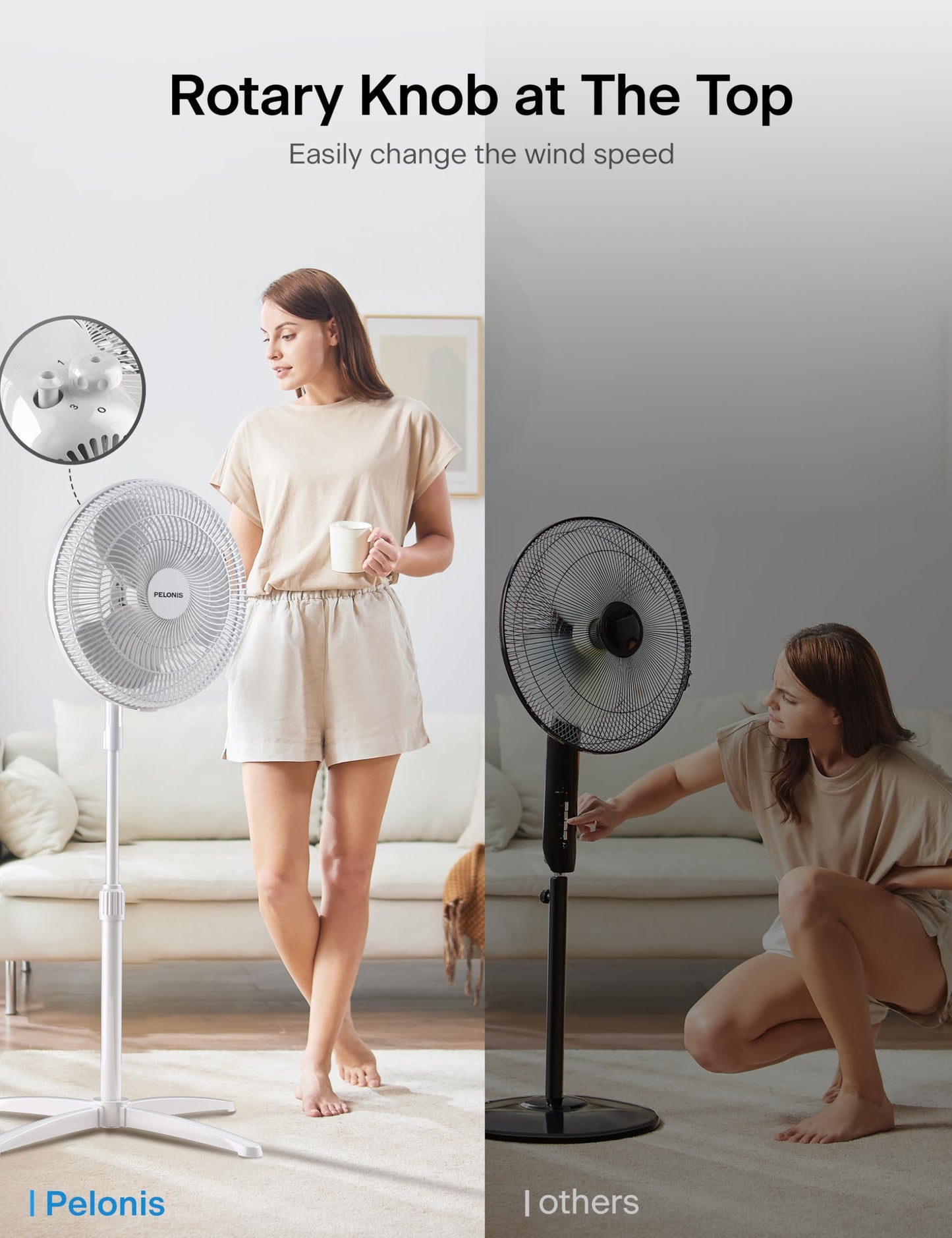 PELONIS 16 inch Pedestal Fan for Bedroom, Oscillating Fan, 3-Speeds, 90° Oscillation, Adjustable Height, Floor Fan, Standing Fan for Living Room, Kitchen, and Home office, White