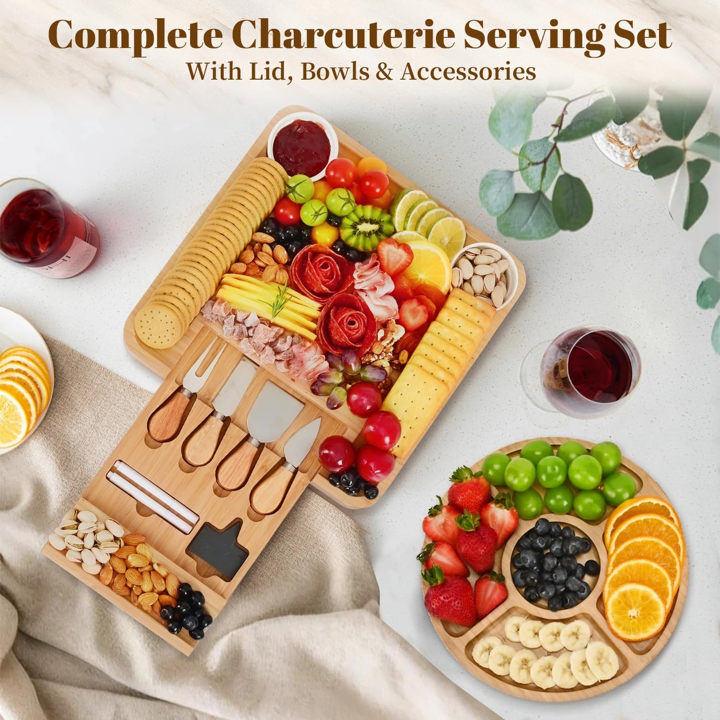 Premium Charcuterie Board with Lid – Bamboo Cheese Board Set with Utensils, Drawer & Fruit Tray – House Warming Gifts New Home, Wedding, Birthday, Bridal Shower (Cream)