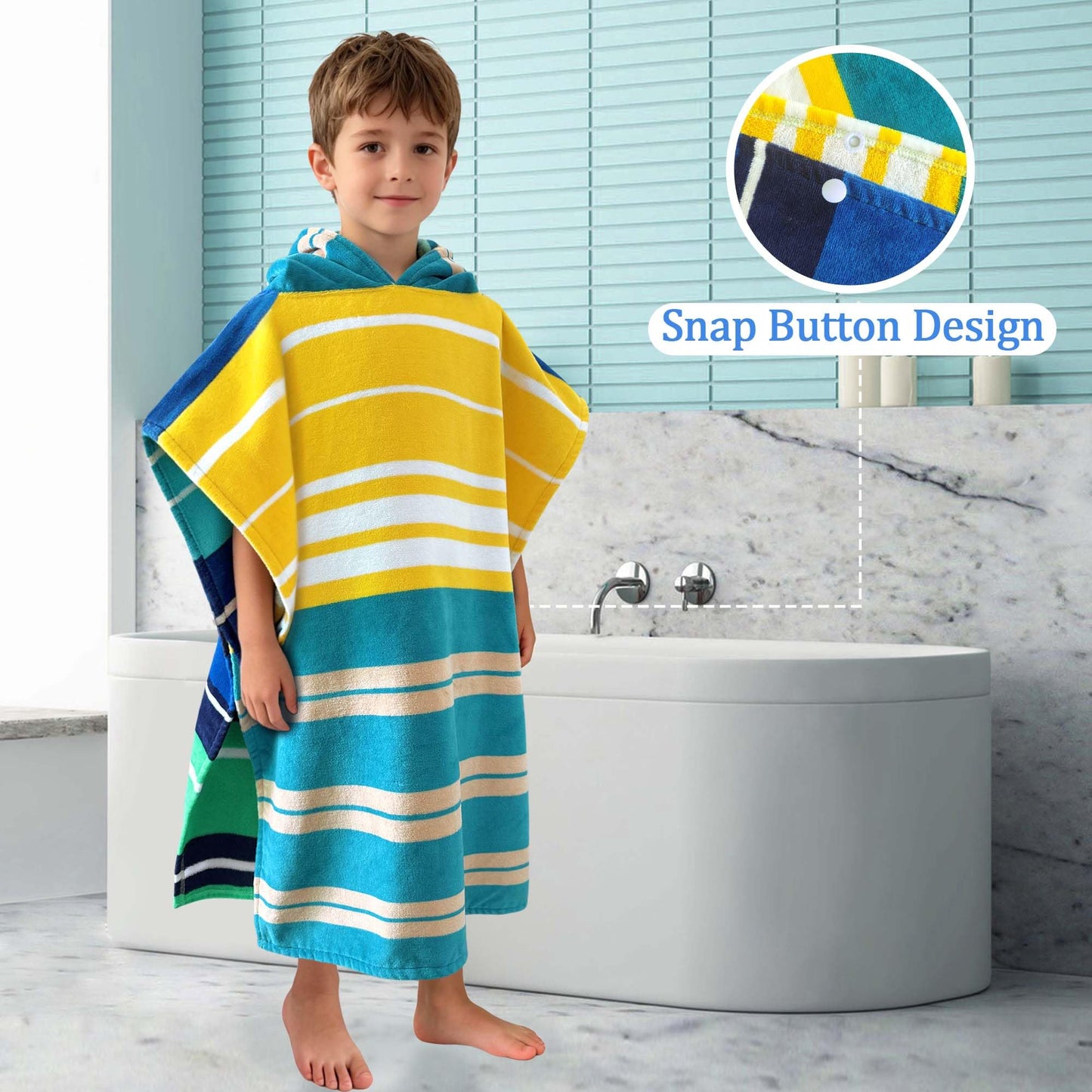 VOOVA & MOVAS Hooded Poncho Towels for Big Kids, Oversized (6-10Years,25"X61") Made from 100% Soft Cotton,Absorbent Bathrobe for Boys,Perfect for Pool| Swimming | Bathing | Beach, Blue Stripe