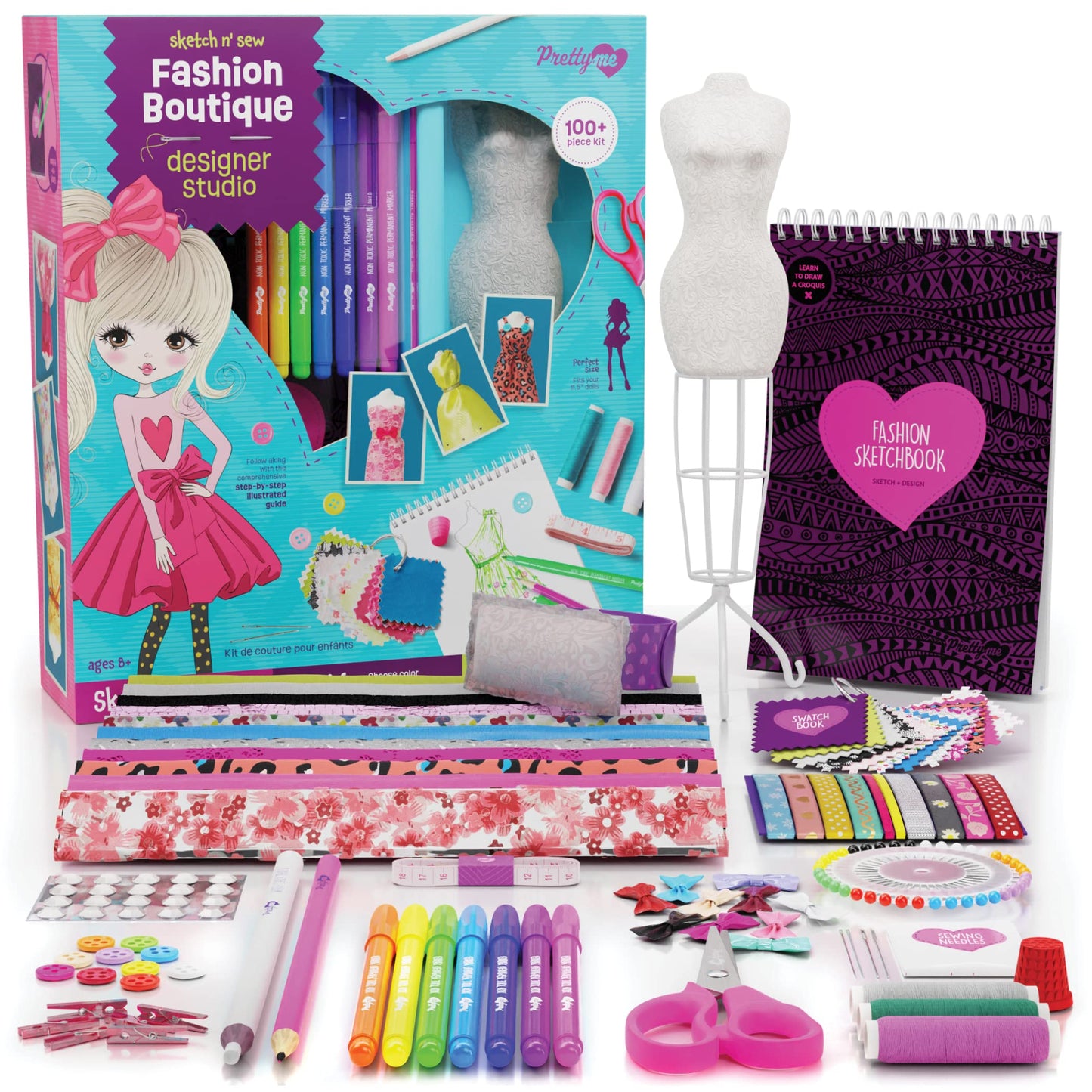 Pretty Me Fashion Design Studio - Sewing Kit for Kids - Designer Dress Girls Arts Crafts Kits Ages 8, 9, 10, 11, 12 Age - Sketch, Sew, Style - Kid Art Projects Gift - Girl Craft Activities Gifts