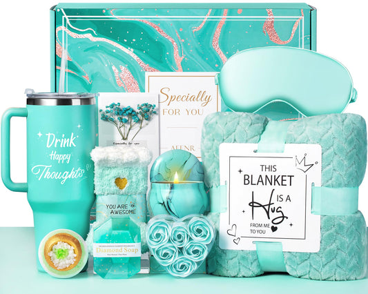 Birthday Gifts for Women, Self Care Get Well Soon Gift Baskets for Mom Her Sister Wife Girlfriend Ocean Relaxing Spa Care Package w/Blanket 40 OZ Tumbler Unique Thinking of You Inspirational Gift