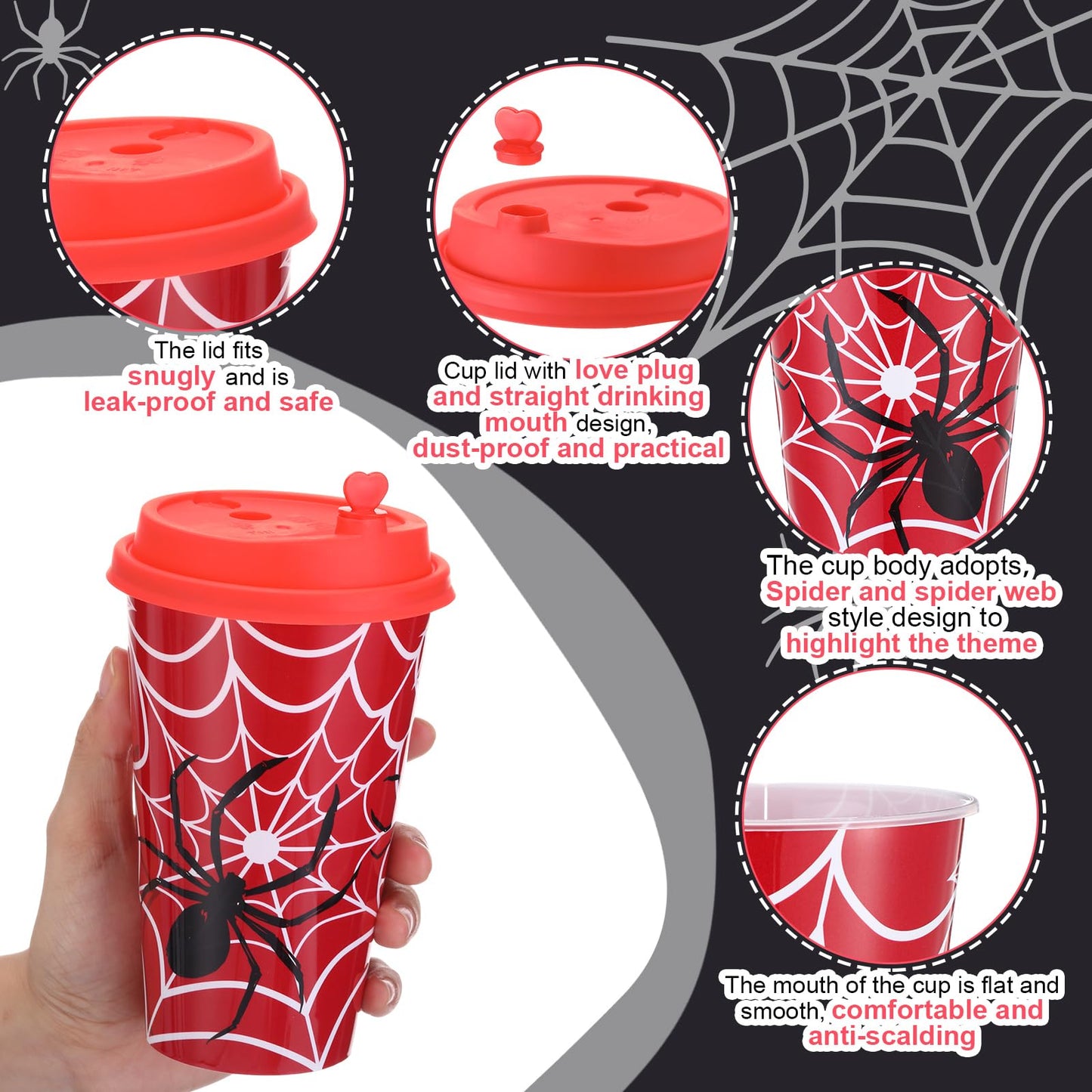 Maxcheck 36 Sets Spider Party Favors Goodie Cups with Lids and Straws for Birthday Decorations 36Pcs 16oz Plastic Cups Reusable Plastic Straws for Birthday Party (Spider)