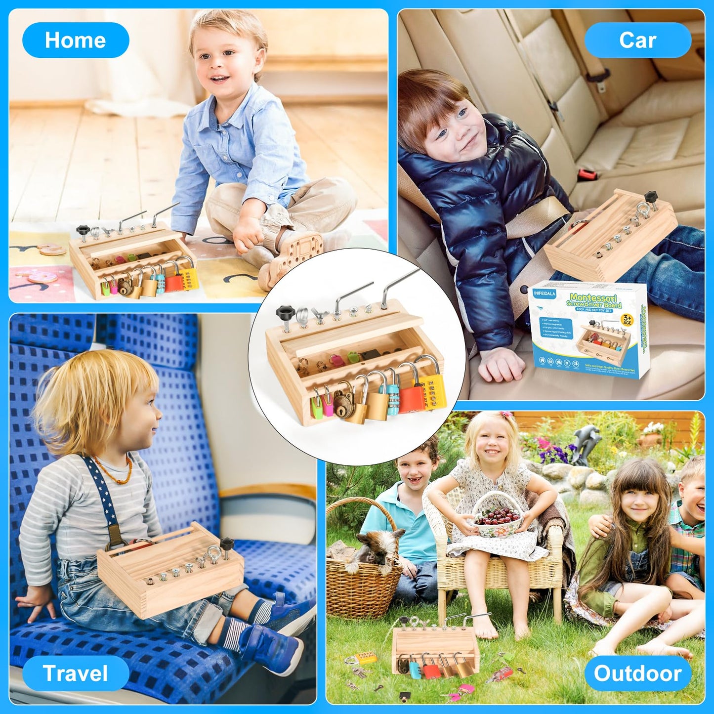 INIFEIDALA Montessori Toys for 3 4 5 Year Old,Montessori Screwdriver Board Set-Lock and Key Toy,Kids Tool Set,Preschool Learning Sensory Toys,Fine Motor Skills,STEM Toys(8 Locks and Keys)