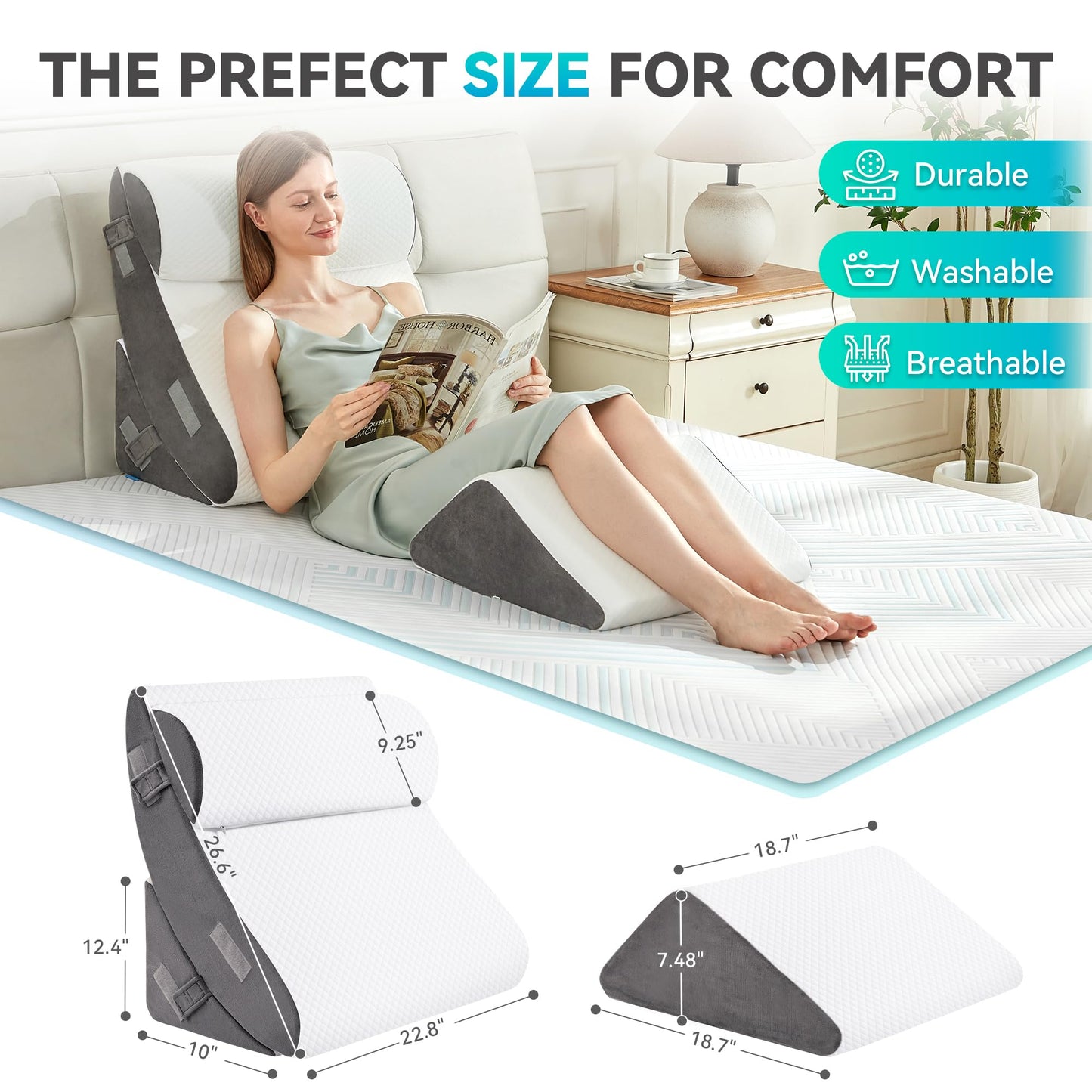 BDEUS 4PCS Bed Wedge Pillow Post Surgery, Orthopedic Sleeping Wedge Pillow Set for Back, Neck and Leg Pain Relief, Acid Reflux, GERD, Memory Foam Support Pillows for After Surgery, White