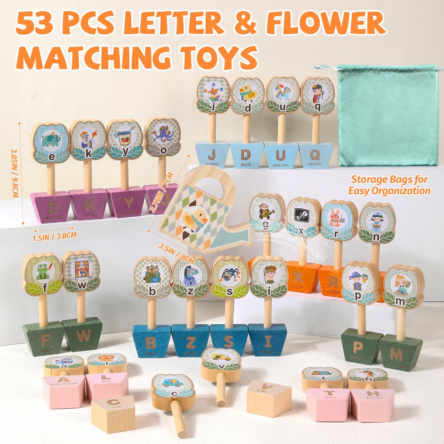 Montessori ABC Learning Toys for Kids, Wooden Matching Games for Toddlers 3-5 - Letter & Flower Matching Alphabet Puzzles with Storage Bag, Fine Motor Skills Toys Gift for Girls Boys 3+ Years Old