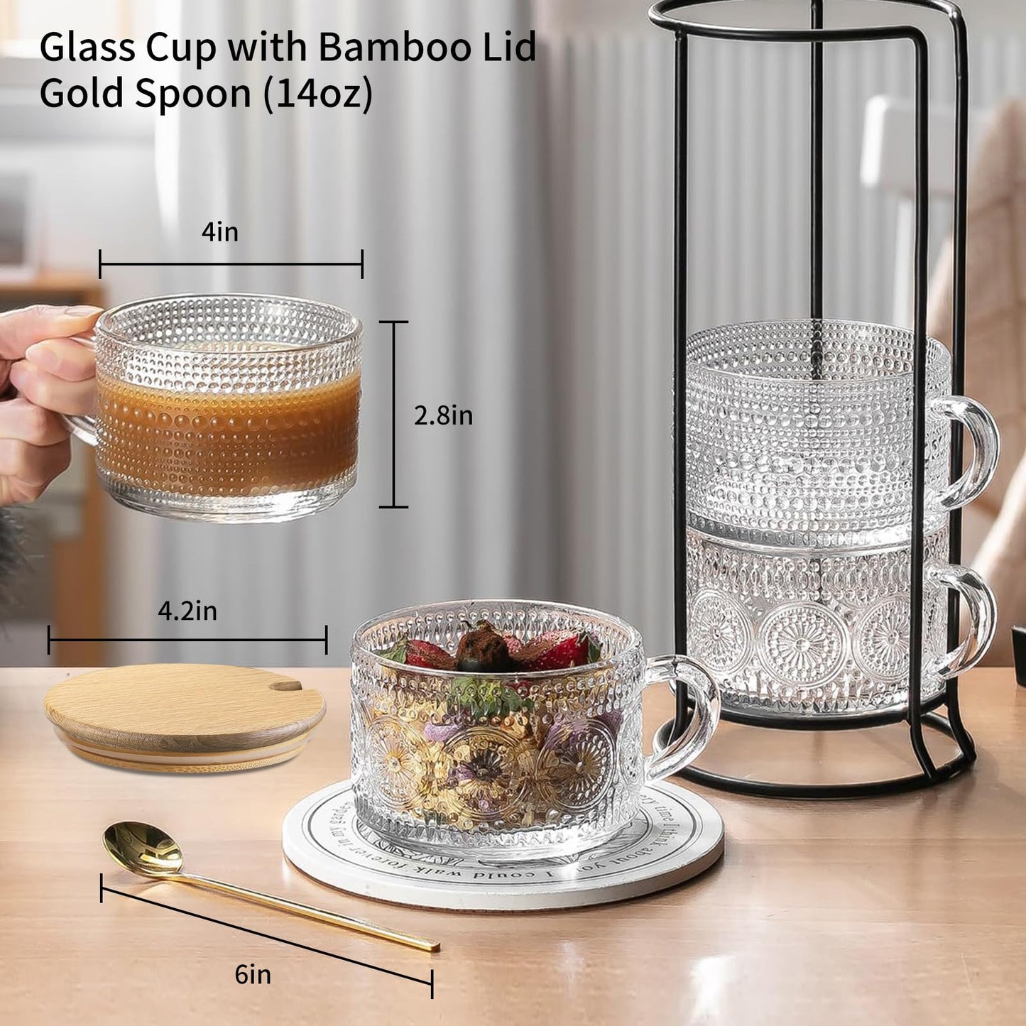 DOPUDO 6pcs Vintage Coffee Mugs 14oz, Overnight Oats Containers with Bamboo Lids and Spoons - Clear Embossed Glass Cups, Cute Iced Coffee Glasses Bar Accessories, Clear Cups Vintage gifts for women