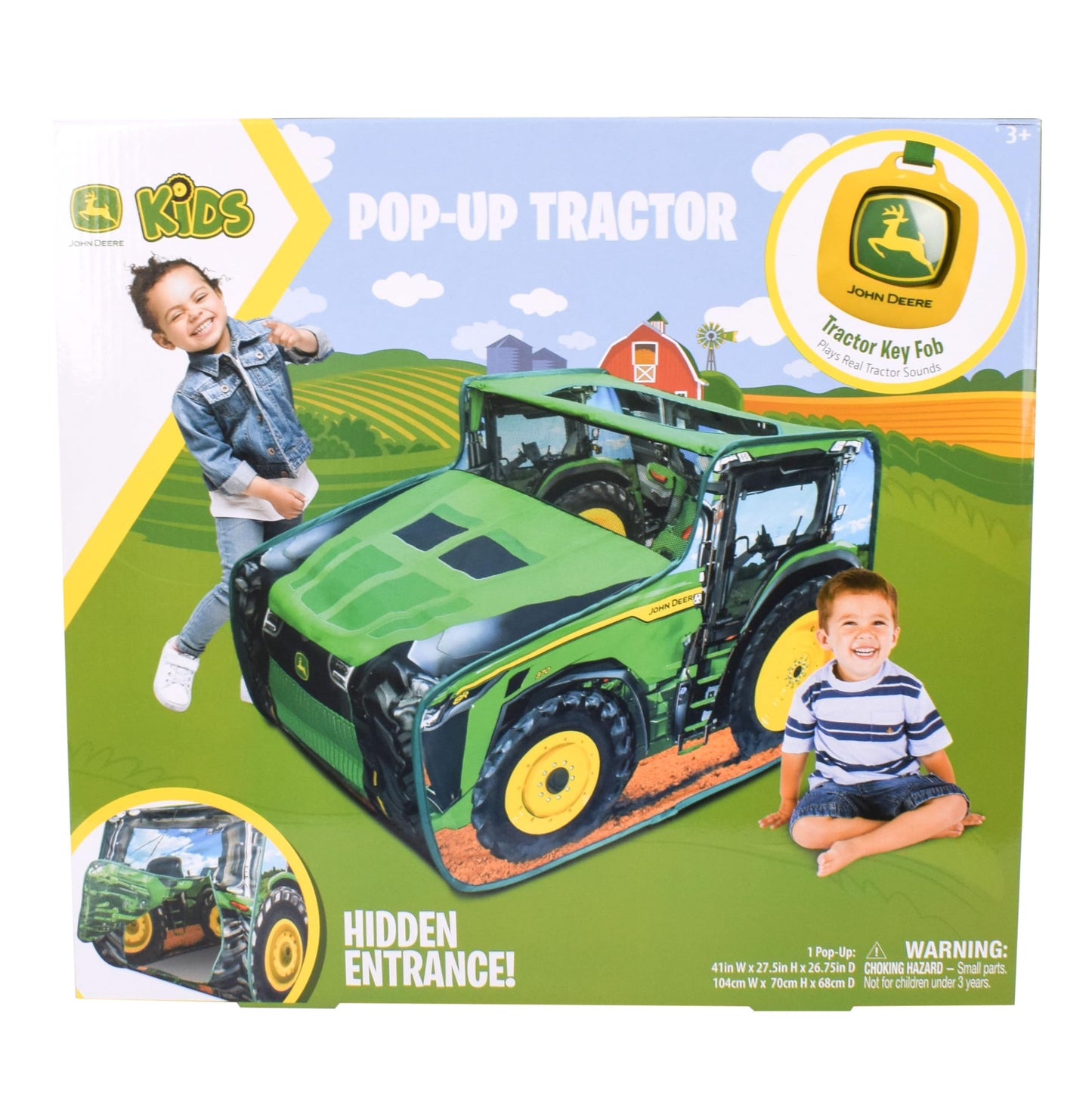 John Deere Pop Up Tent Tractor Playhouse for Kids, Removable Key Fob with Tractor and Farm Sounds, Vehicle Toys for Toddler