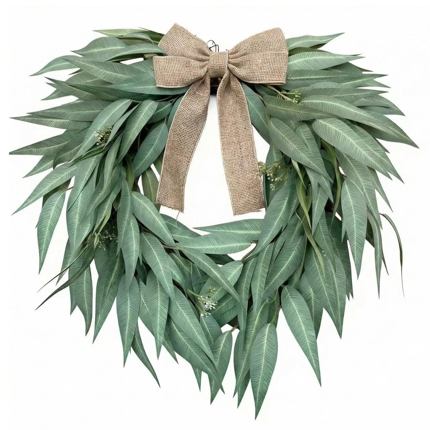 Heart Shaped Artificial Eucalyptus Wreath 20 Inch – Faux Willow Leaves with Burlap Bow, Farmhouse Greenery Door Wreath for Front Door, St. Patrick’s Day, Wedding & Seasonal Home Decor