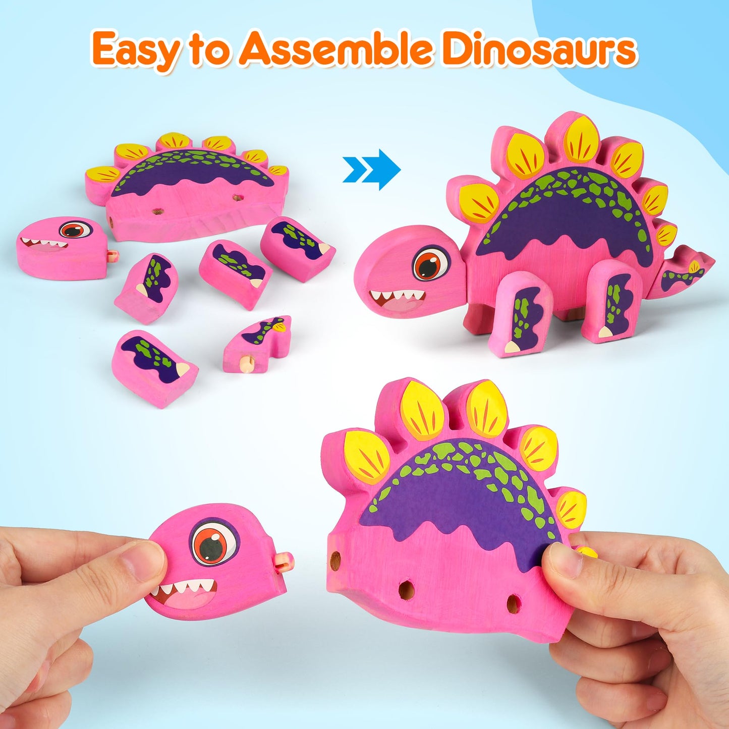 Mocoosy Wooden Dinosaur Painting Art and Craft Kit for Kids 3-5, Build & Decorate Your Own Dinos with Paint & Stickers, Wood Dinosaur Builder Game Montessoi Fine Motor Toy Gift Toddler Boys Girls 4-8