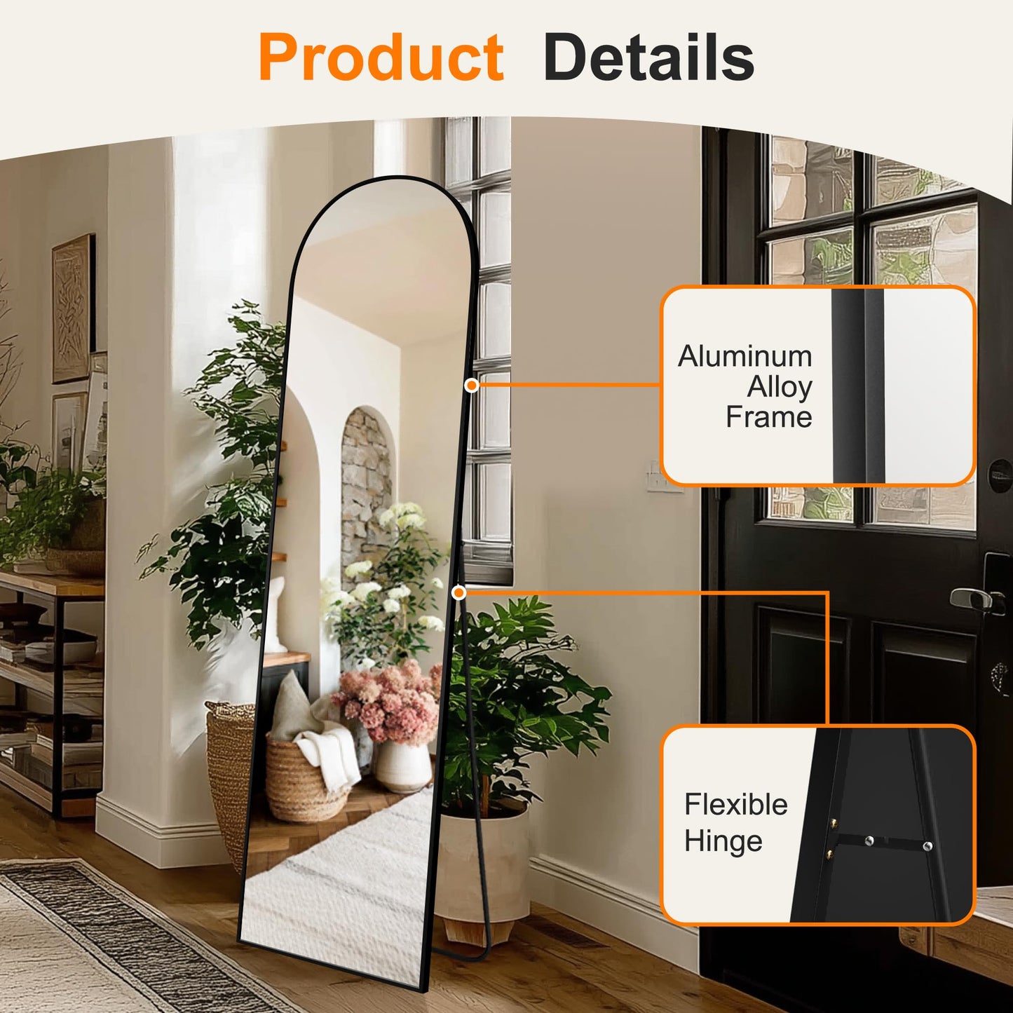 TRAHOME Arched Full Length Mirror, 56"x15" Standing Body Mirror for Wall, with Aluminum Alloy Frame for Bedroom, Living Room, Dressing Room(Black)
