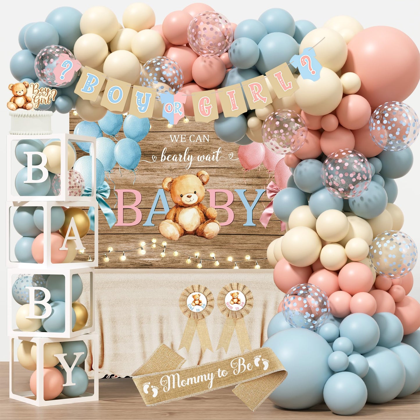 Bear Gender Reveal Decorations, He or She Gender Reveal Party Decoration, Boy or Girl Bear Theme Party Supplies with Backdrop BABY-Box Tablecloth Mom to Be Sash Dad to Be Pin Balloon Arch