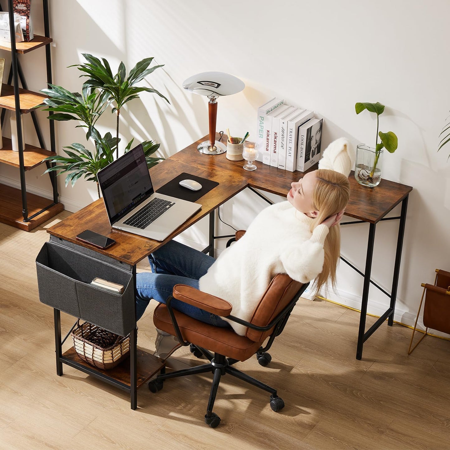 Sweetcrispy L Shaped Desk Computer Gaming Corner Table 51 Inch Home Office Writing Student Work PC Workstation with Side Storage Bag CPU Stand for Bedroom Small Spaces