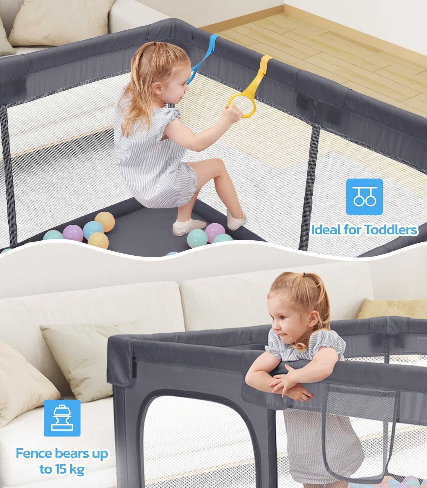 Dripex Baby Playpen, 47"x47" Play Pens for Babies and Toddlers, Safe Anti-Fall Play Yard with Gates, Baby Fence with Breathable Mesh, Indoor & Outdoor Kids Activity Center, Grey