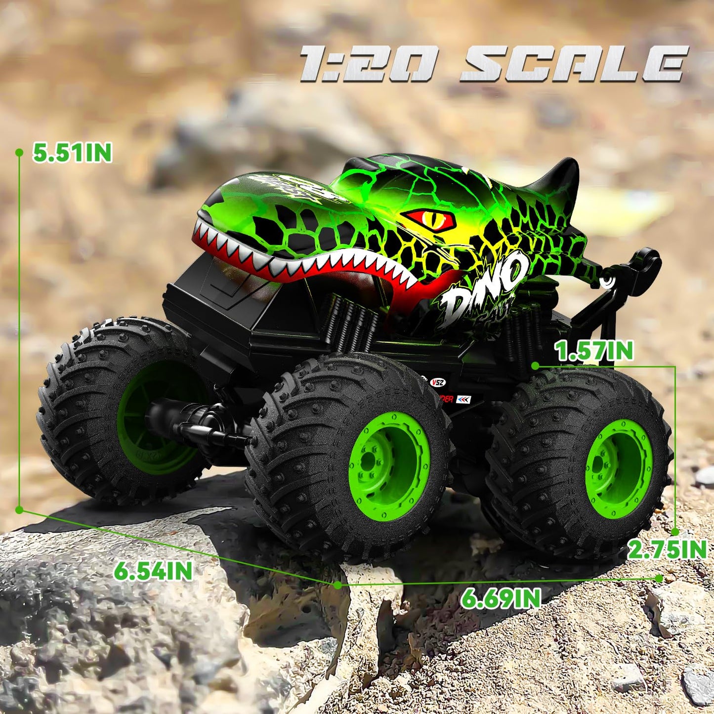 Gohero Monster Truck Toys for Kids, 1:20 Dinosaur Toys RC Car Truck with 360° Spins & Drifting, 2.4GHz All-Terrain Monster Trucks for Boys Age 4-7 | with LED Light, Music & 2 Rechargeable Batteries.