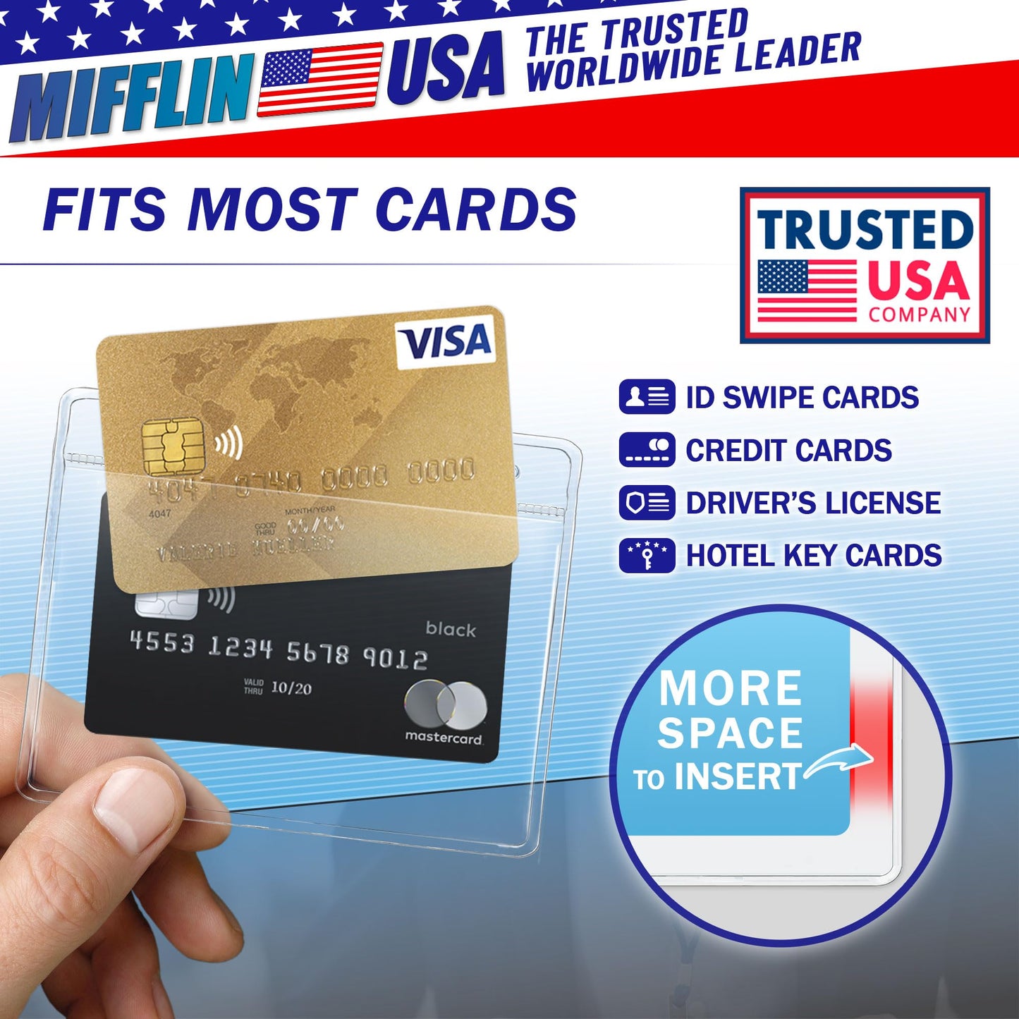 Mifflin-USA Card Protector (4x3 Inch, Clear, Bulk 250 Pack) Quick Load Horizontal No Zipper Name ID Badge Holder