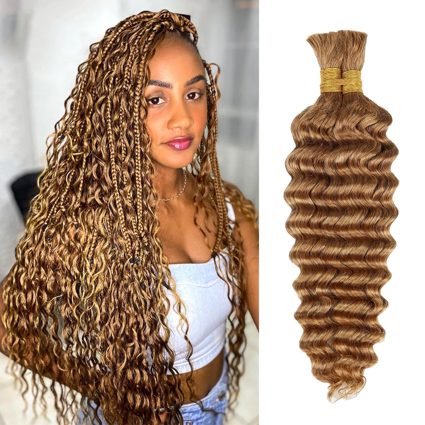 Honey Human Braiding Hair Deep Wave Bulk,27# Color No Weft Curly Braiding Hair Extensions for Boho Braids Wet and Wavy Braiding Human Hair Bundles(20inch,#27,100g)