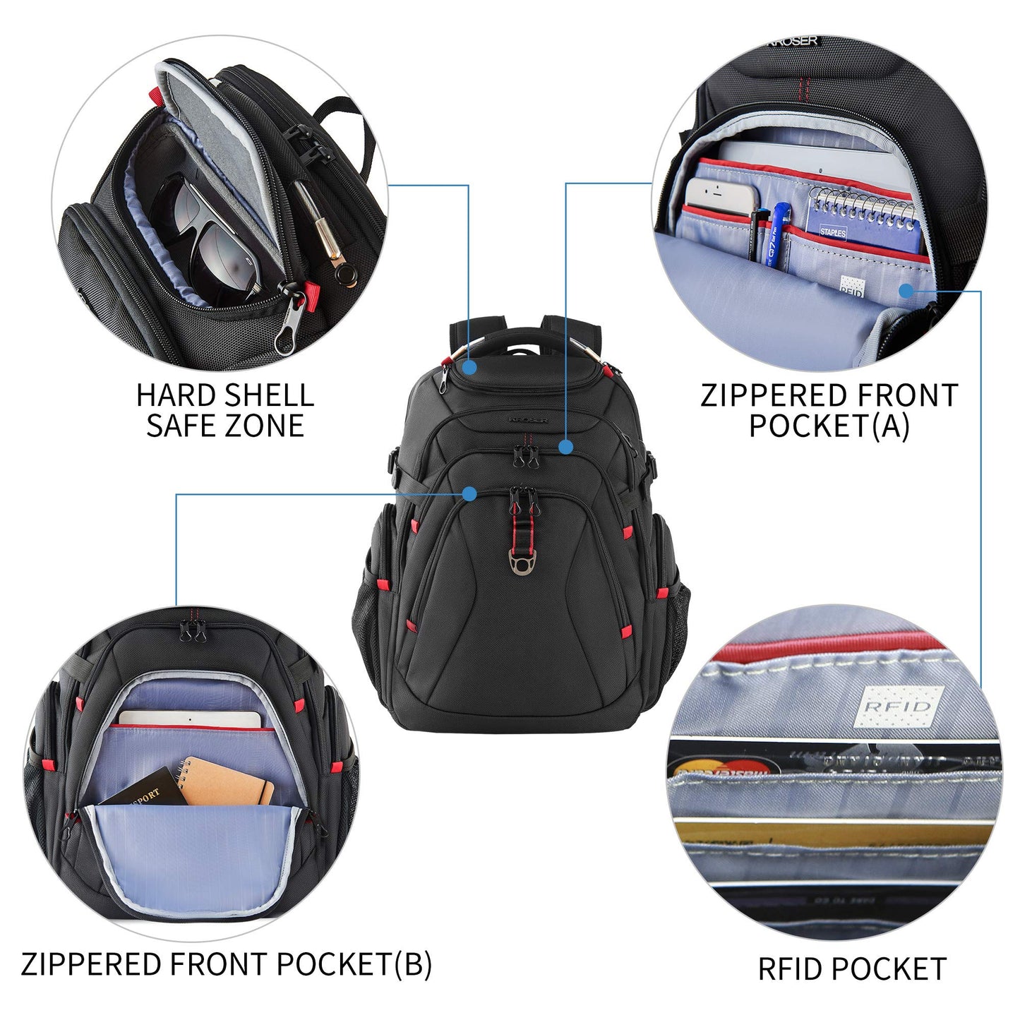 KROSER Travel Laptop Backpack 17.3 Inch XL Computer Backpack with Hard Shell Saferoom RFID Pockets Water-Repellent Business College Daypack Stylish Bag for Men/Women-Black