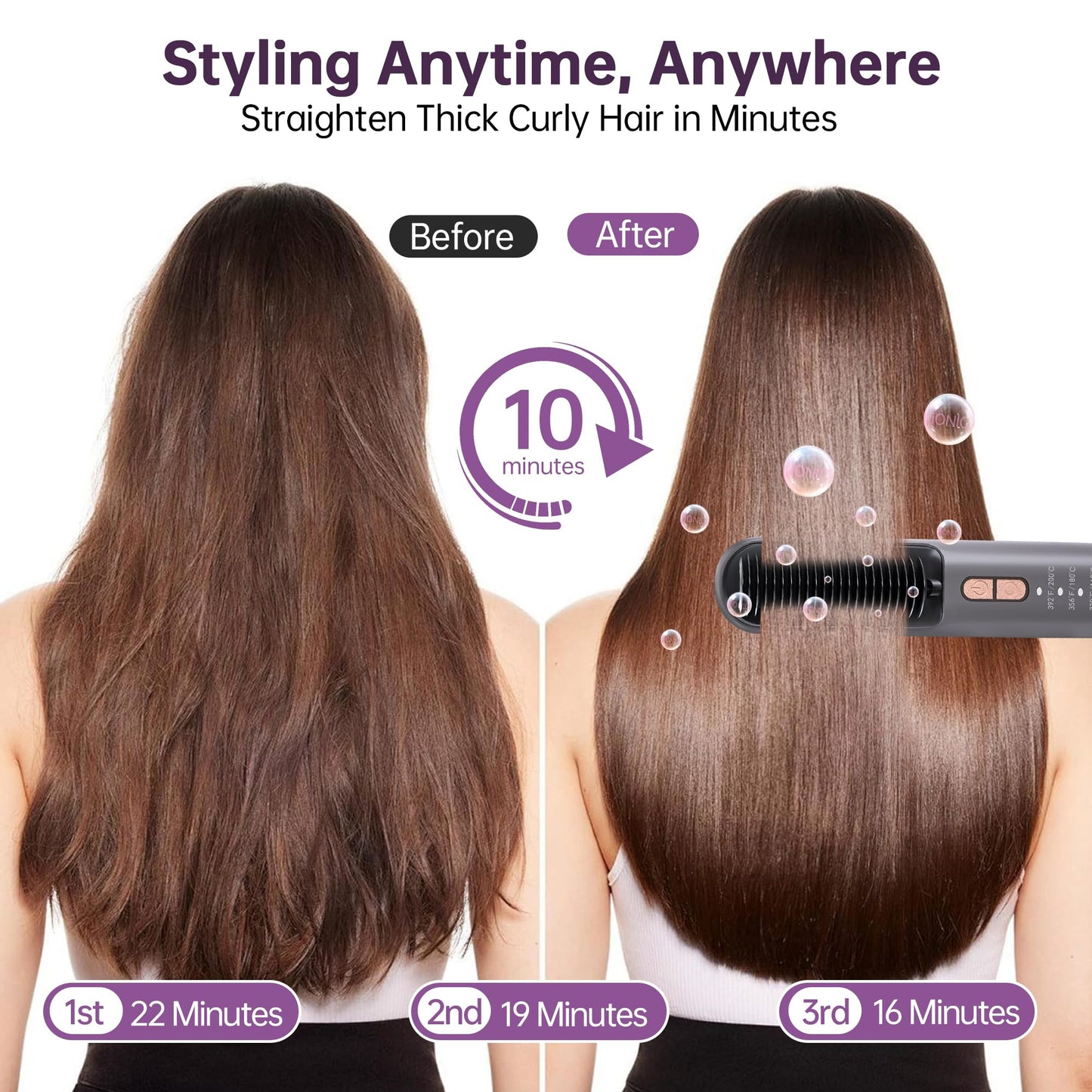 BGFOX Cordless Hair Straightener Brush [10 Mins Shiny Look Anytime Anywhere], USB Rechargeable Portable Ionic Hair Straightener Comb Straightening Brush for Women Travel with 3 Temps 30s Fast Heating