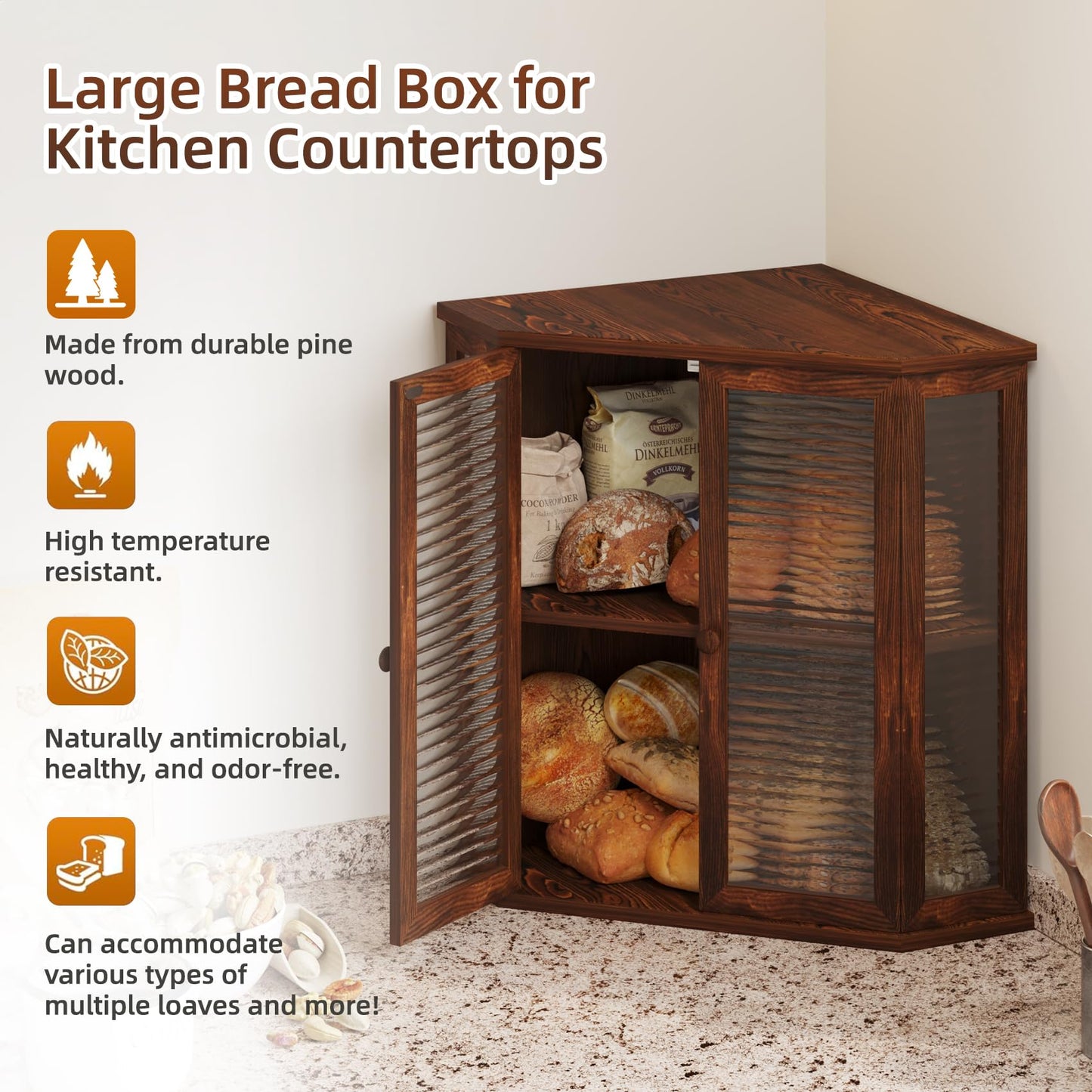 WouZglk Corner Bread Box for Kitchen Counter, 16.7 Inch Extra Large 2-Tier Farmhouse Bread Box with Natural Pine Wood Grain, Dual Wave Glass Doors and Adjustable Shelf(Pine Wood)