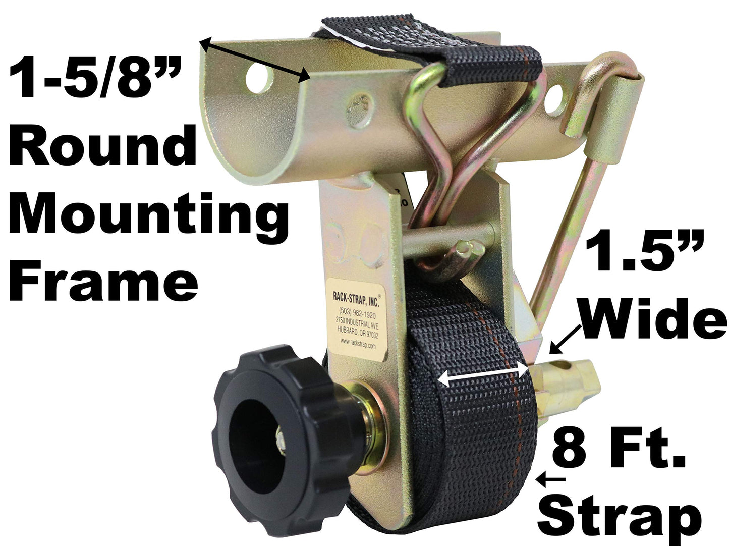2 Pack, Rack-Strap, The Original American Made Ladder Rack Tie-Downs, Round Mounting Bracket, RS4 Gold 1-5/8 Inch Diameter Round Mounting Bracket, Bolt Mounting Hardware Included, 8 Foot Black Strap