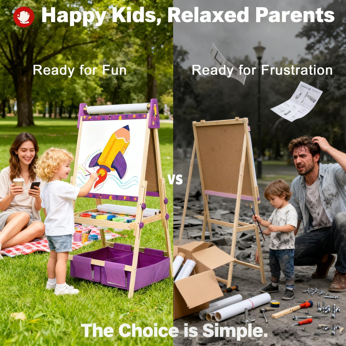 Art Easel for Kids with 3 Paper Roll, Magnetic Whiteboard and Chalkboard,Adjustable Standing Wooden Toddler Easel for Painting Double Sided,3in1 Painting Easel for Kids 2-4 4-8 Boys Girls Gift Purple
