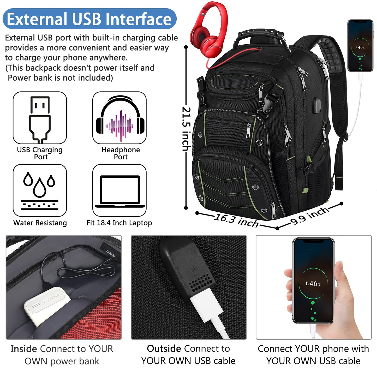 VECKUSON 18.4 Inch Laptop Backpack for Men and Women, 55L Extra Large Gaming Laptops Backpack with USB Charger Port, TSA Friendly Flight Approved and RFID Anti-Theft Pocket
