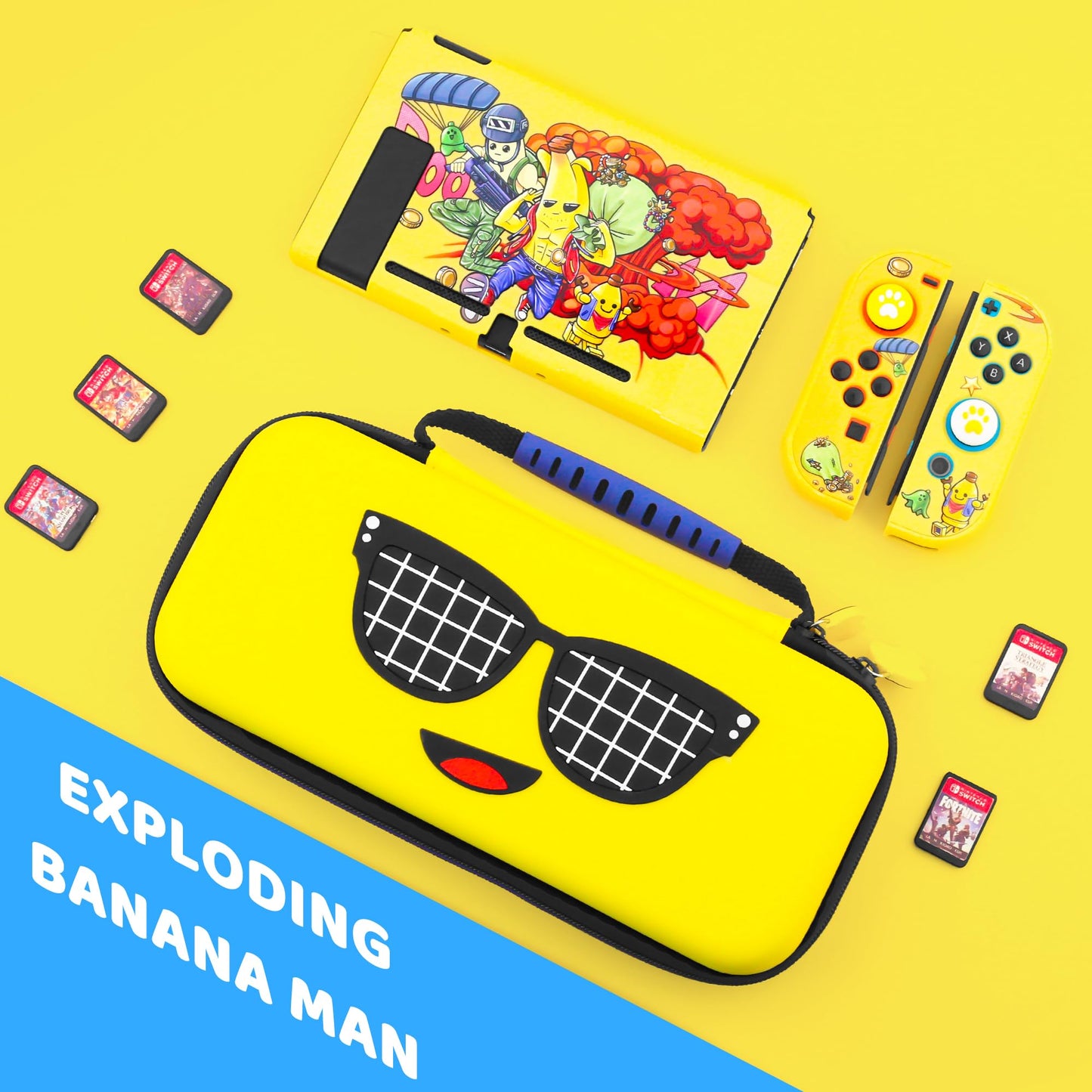 HYPERCASE Yellow Switch Case Kit for NS Accessories, with Portable Switch Carrying Travel Case, Hardshell NS Protective Cover Skin of Peely, HD Screen Protector & 2 Cute Thump Caps - Fit Boys Girls