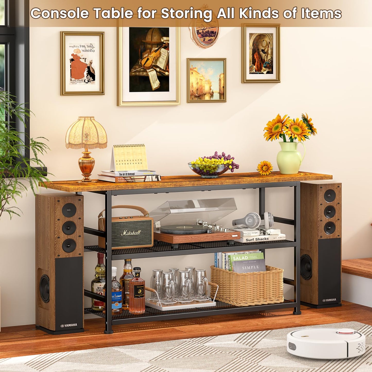 ThreeHio TV Stand for TVs up to 55 Inch TV, Entertainment Center with 3 Tier Open Storage Shelves, Media Console Table for Living Room, Bedroom, Rustic Brown