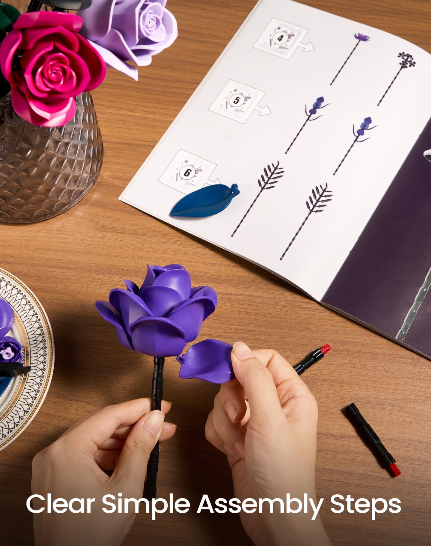 Purple Flower Bouquet Building Set, Rose Botanical Collection Blocks Kit Compatible with Lego for Adults Women, Artificial Flowers Gothic Decor for Valentines Day (736PCS)