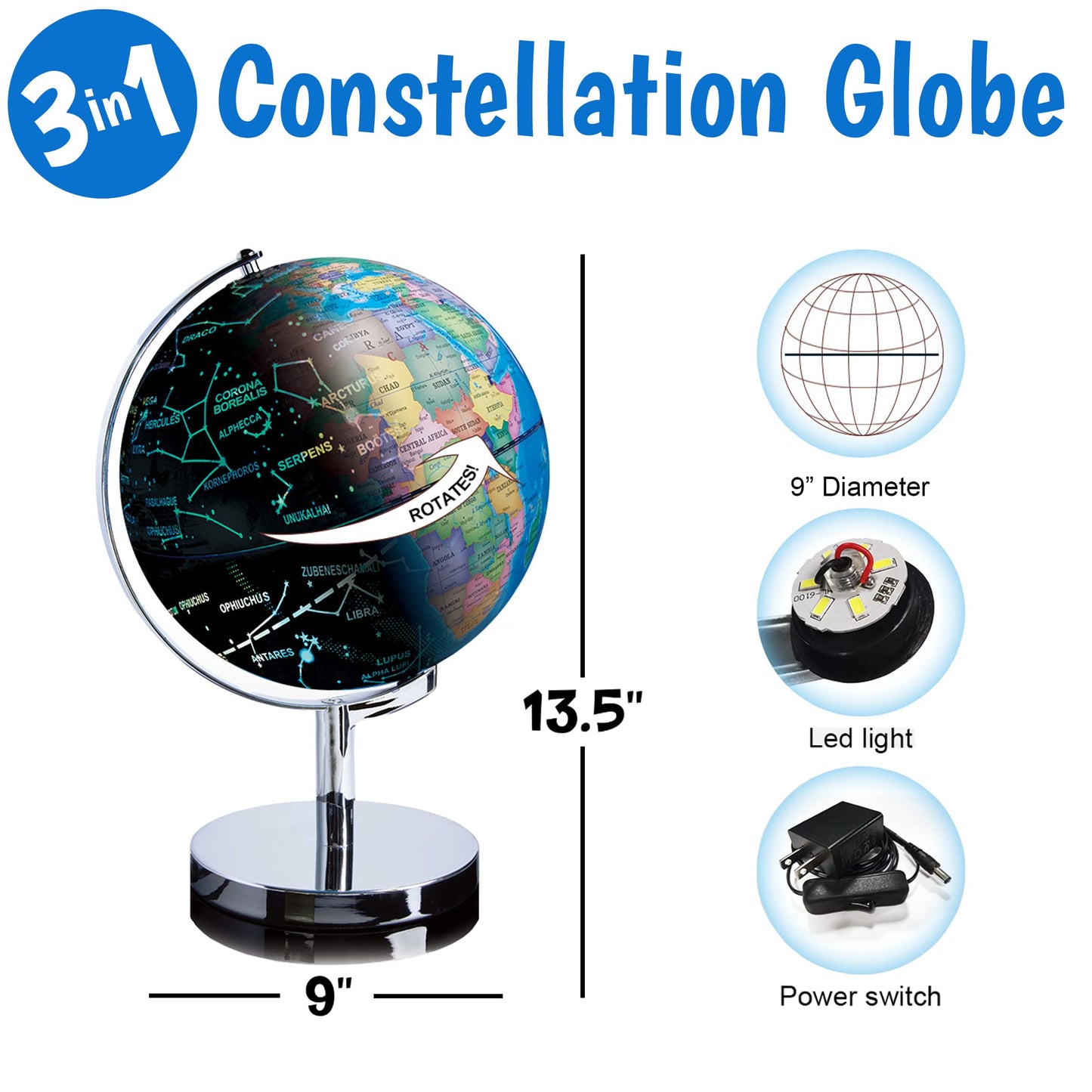 USA Toyz Illuminated World Globe with Stand - 3in1 STEM Globes for Adults and Kids, Constellation Map, Built-In LED Night Light Lamp, Easy to Read Texts, Non-Tip Base, 13.5 Inch Tall, 9 Inch Diameter