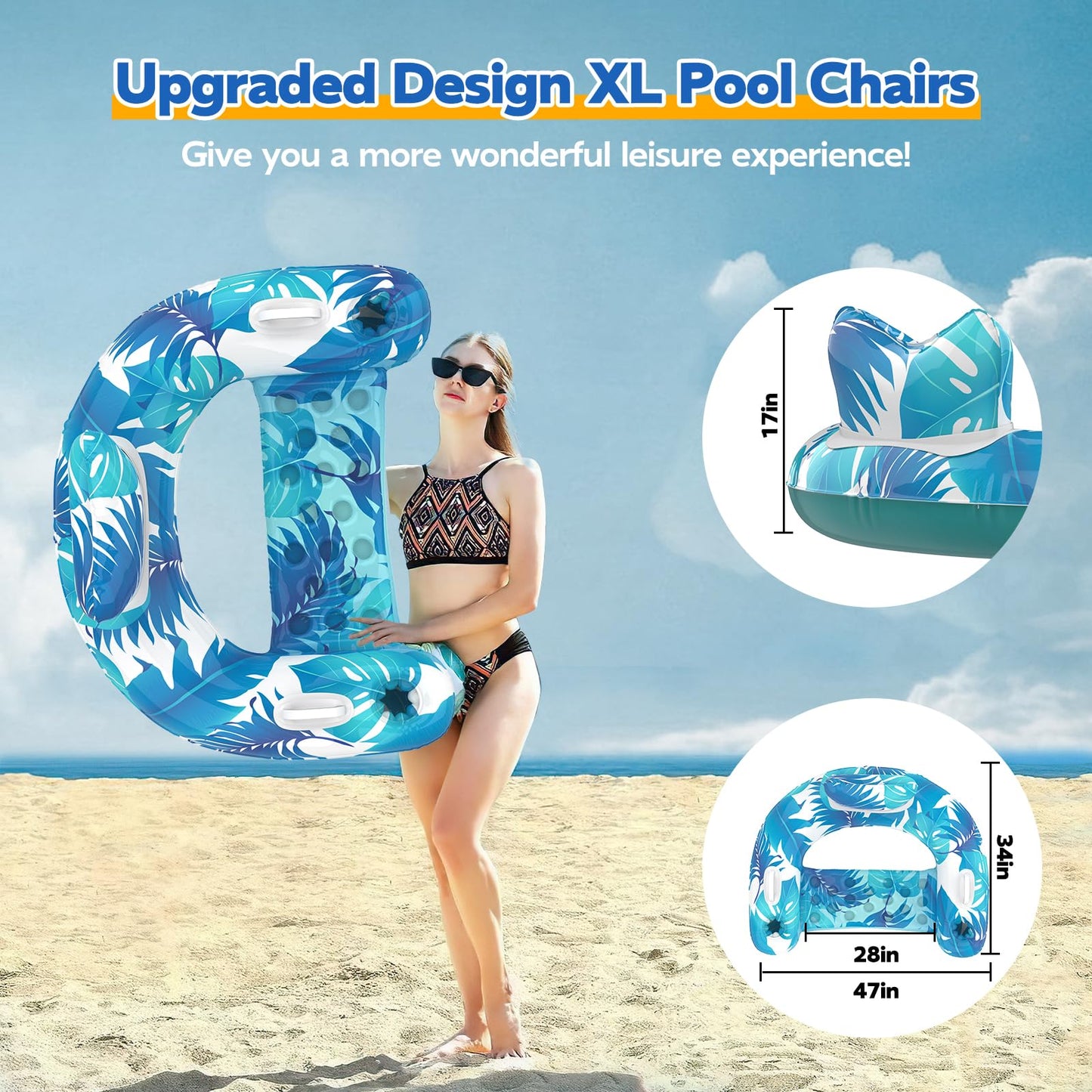 KEUCL Pool Floats, 3 Pack Inflatable Float Chairs with Cupholders & Handles, Pool Floats Adult & Kids Perfect for Pool Lake & Rivers, Pool Toy Party, Relaxing Inflatable Chair for Swimming Pool
