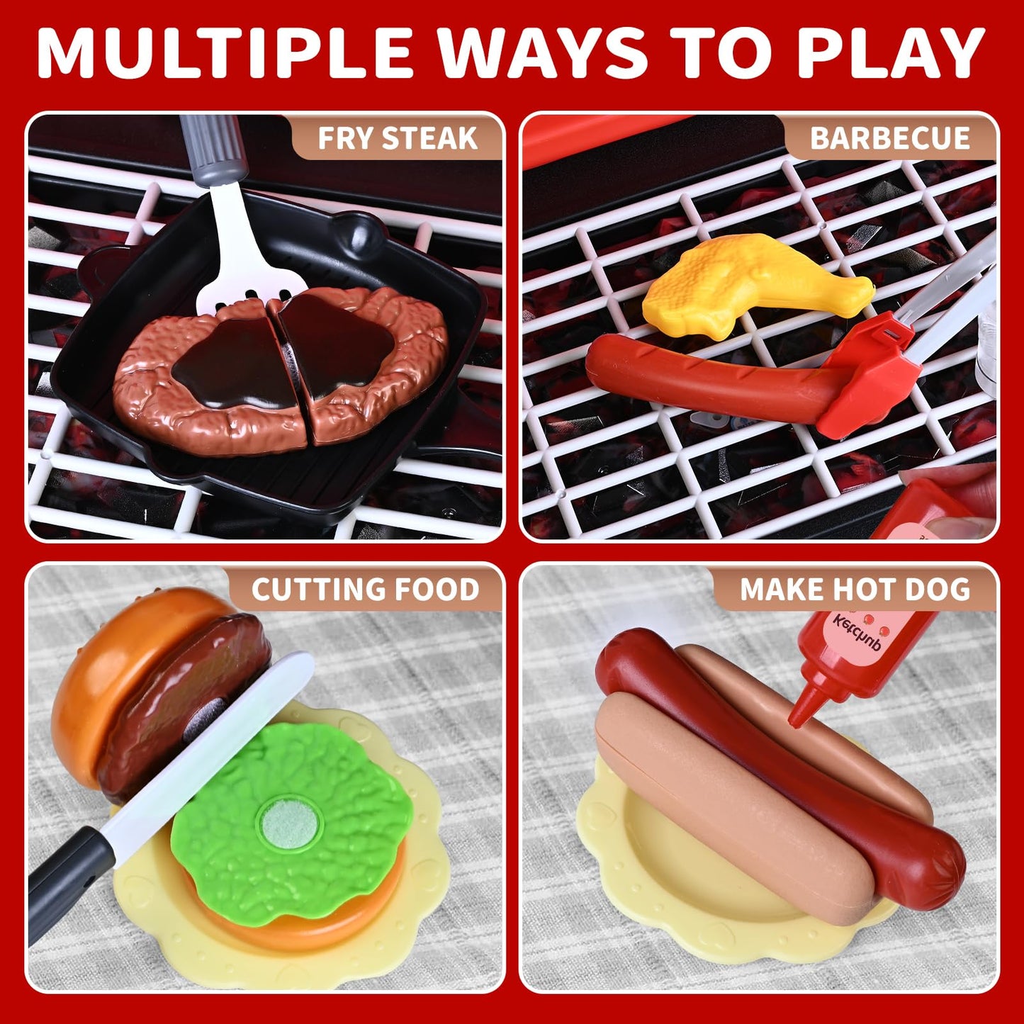 Kids Play Kitchen Toys, Kids BBQ Grill Playset with Smoke Sound Light, 2-Layer Barbecue Toy with Wheel, Outdoor Play Grill Toys for Toddlers 3-5, Play Food Toys Cooking Set, Birthday Gift for Boy Girl