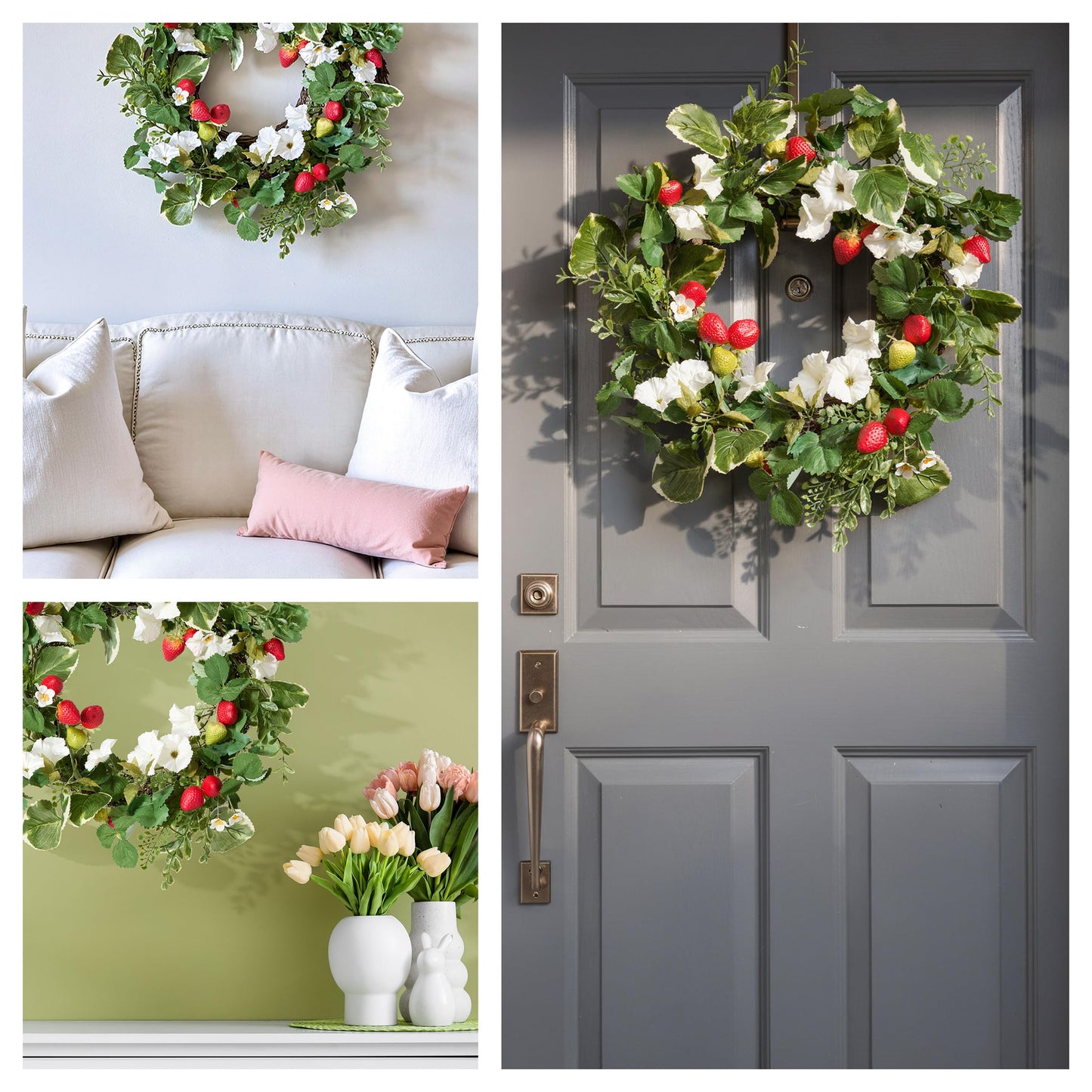 National Tree Company Artificial Spring Wreath, Woven Branch Base, Decorated with Strawberries, Petunia Blooms, Leafy Greens, Spring Collection, 22 Inches