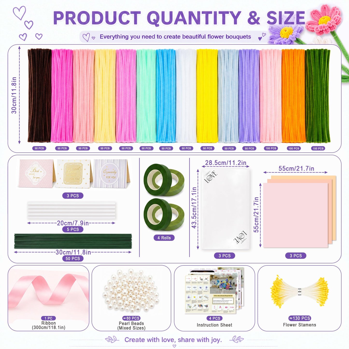 900pcs Pipe Cleaners Craft, Pipe Cleaner Bulk Flower Kit, 14 Colors Pipe Cleaners Bulk with Flower Stems, Stamens, Floral Tape & Ribbon for DIY Bouquets, Art and Craft Supplies