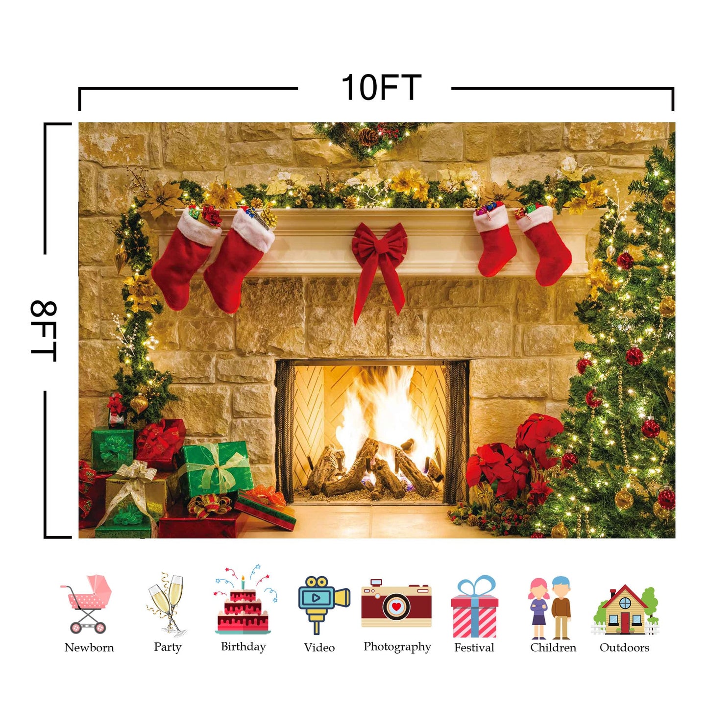 Haboke 10x8ft Christmas Fireplace Theme Backdrop for Photography Soft Wrinkle Free Fabric Tree Sock Decorations for Xmas Party Supplies Photo Background Pictures Banner Studio Decor Booth Props