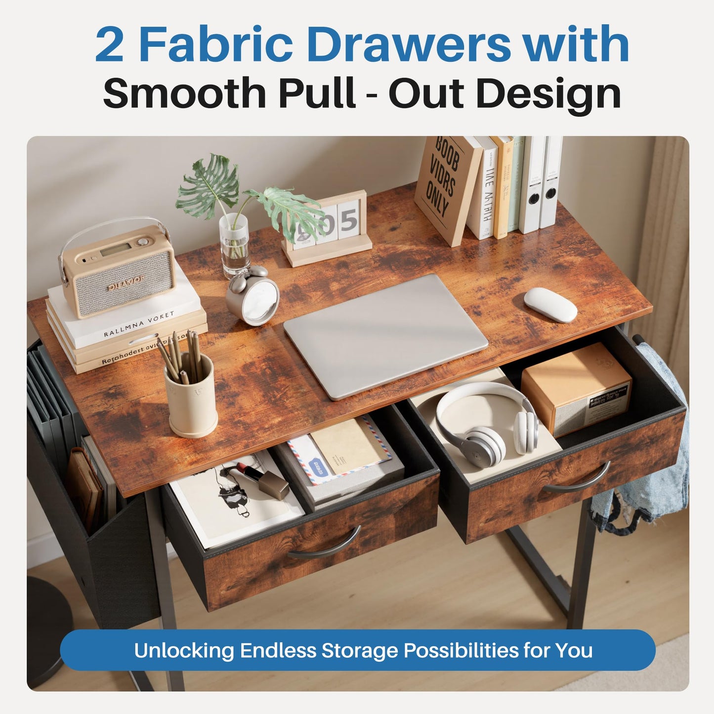 Sweetcrispy Computer Desk Small 32 Inch Home Office Bedroom Writing Study PC Table with Fabric Storage Drawers Space Side Bag Headphone Hook Adjustable Feet Modern Simple Style, Rustic Brown