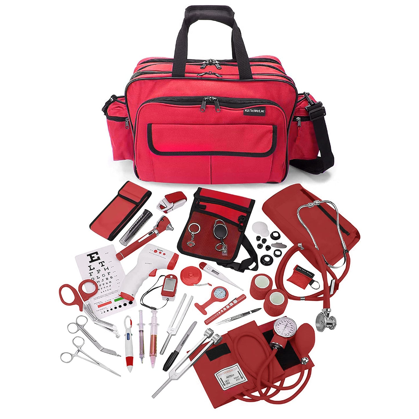 ASA TECHMED Durable Nurse Travel Bag with Nursing Supplies for Nurses, Multi-Pocketed Heavy-Duty Nylon, Adjustable Shoulder Strap (Red)