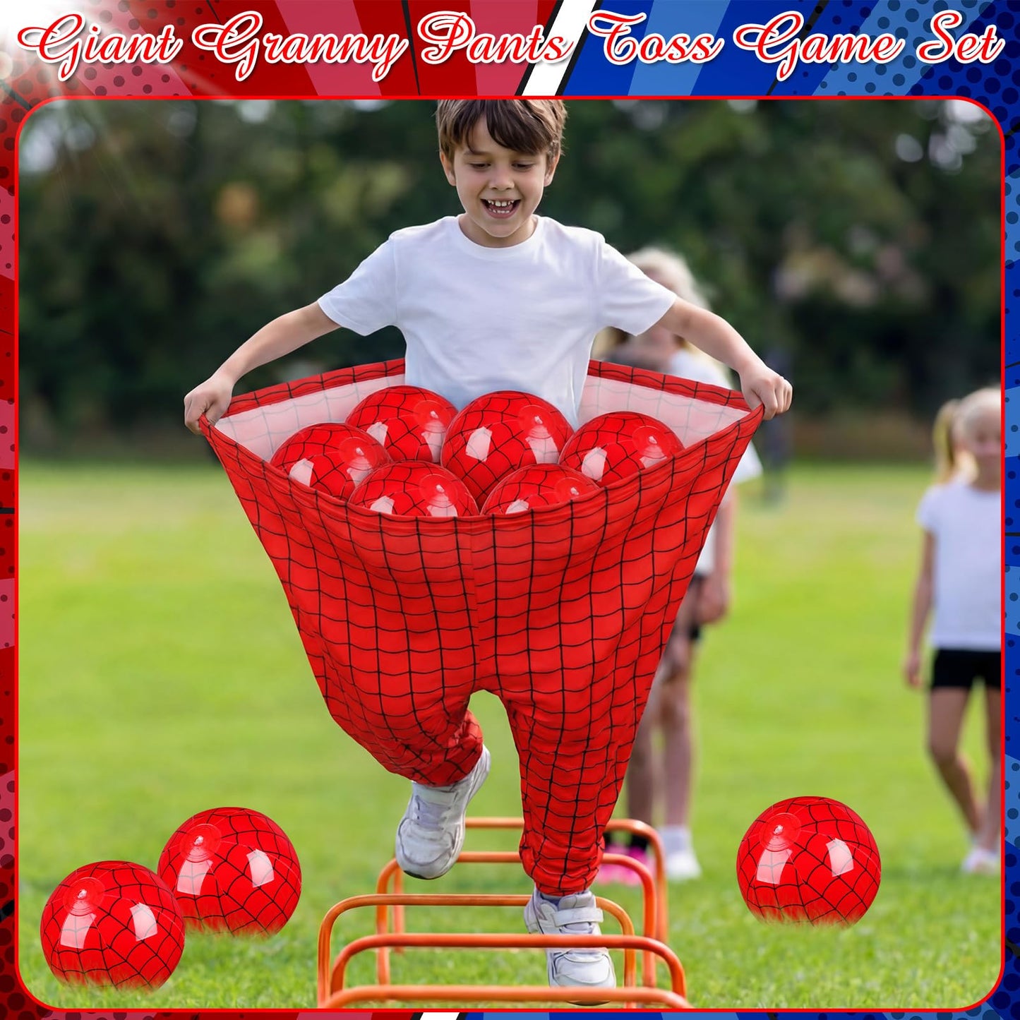 Leitee 2 Pcs Granny Pants Yard Games Spider Web Granny Pant Outdoor Party Games Giant Outdoor Game with 2 Oversized Pants & 10 Bouncy Balls for Kids Family Group Backyard Party Reunion Gathering